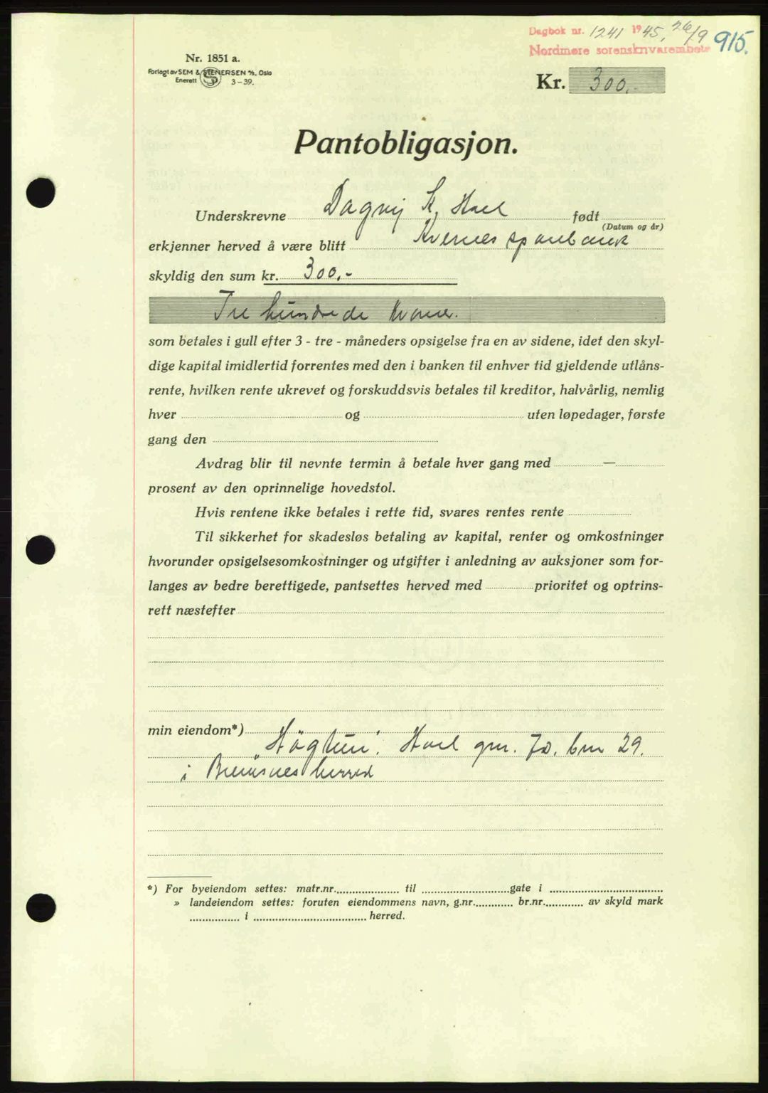 Nordmøre sorenskriveri, AV/SAT-A-4132/1/2/2Ca: Pantebok nr. B92, 1944-1945, Dagboknr: 1241/1945