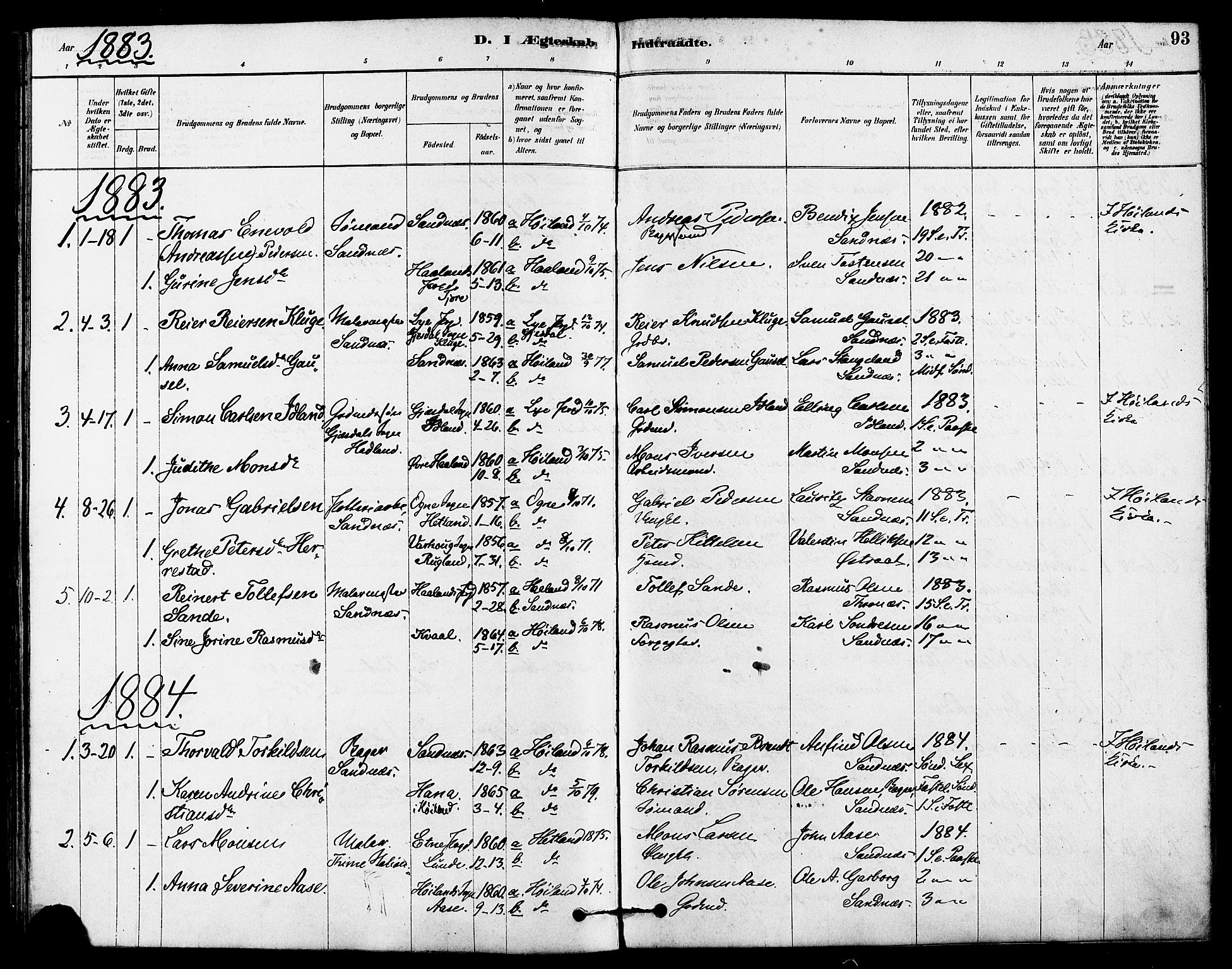 Høyland sokneprestkontor, AV/SAST-A-101799/001/30BA/L0012: Ministerialbok nr. A 11, 1878-1889, s. 93