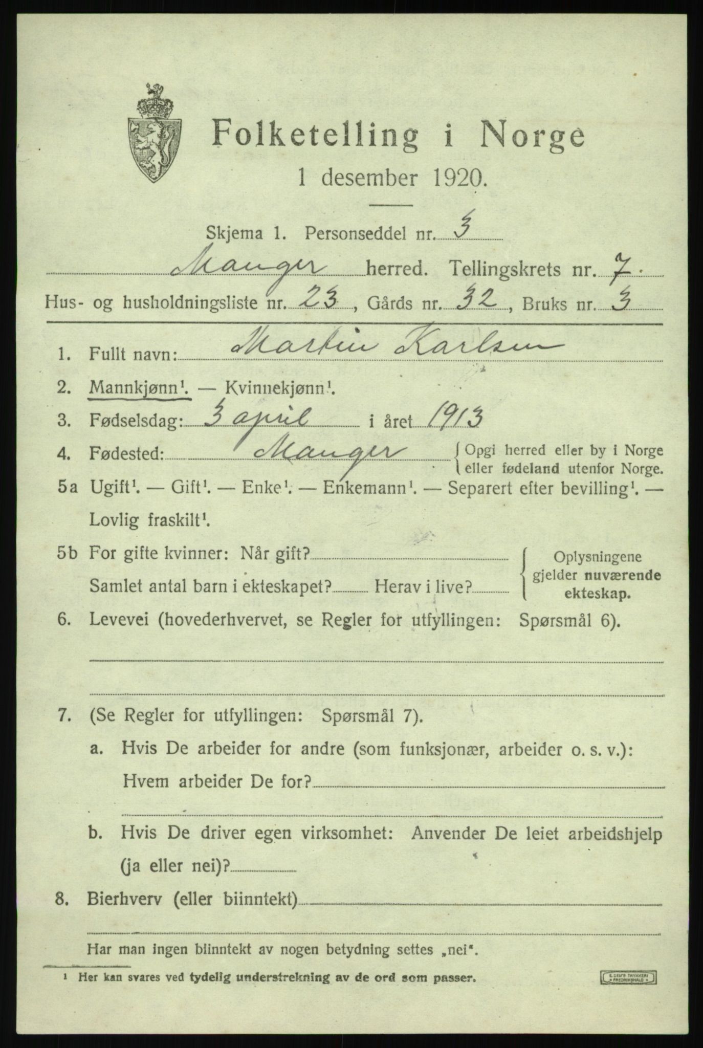 SAB, Folketelling 1920 for 1261 Manger herred, 1920, s. 4635