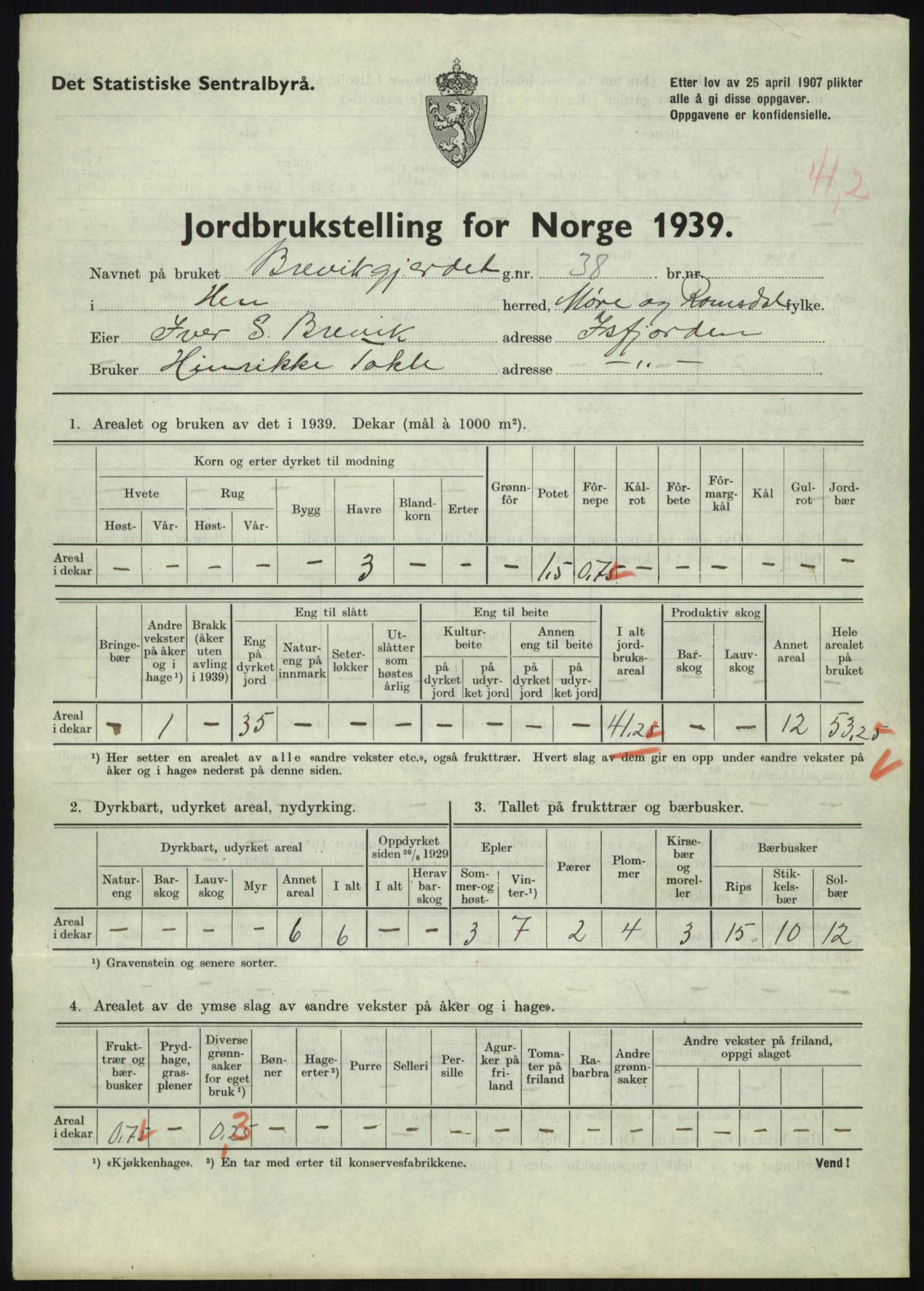 Statistisk sentralbyrå, Næringsøkonomiske emner, Jordbruk, skogbruk, jakt, fiske og fangst, AV/RA-S-2234/G/Gb/L0251: Møre og Romsdal: Voll, Eid, Grytten og Hen, 1939, s. 1261