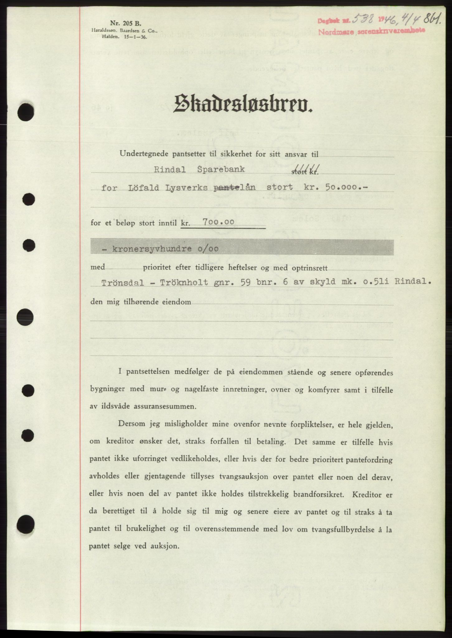 Nordmøre sorenskriveri, SAT/A-4132/1/2/2Ca: Pantebok nr. B93b, 1946-1946, Dagboknr: 538/1946