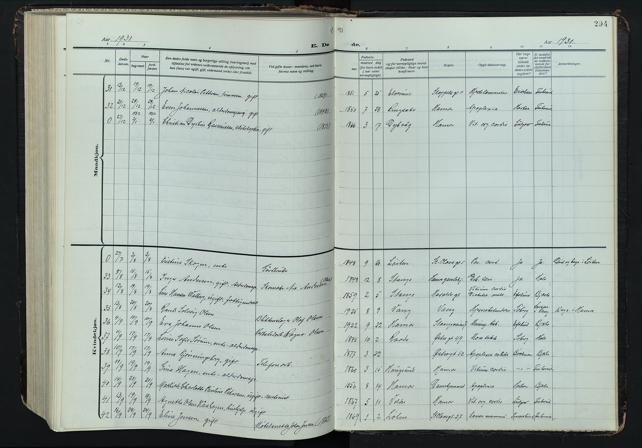 Hamar prestekontor, AV/SAH-DOMPH-002/H/Ha/Hab/L0004: Klokkerbok nr. 4, 1915-1942, s. 294