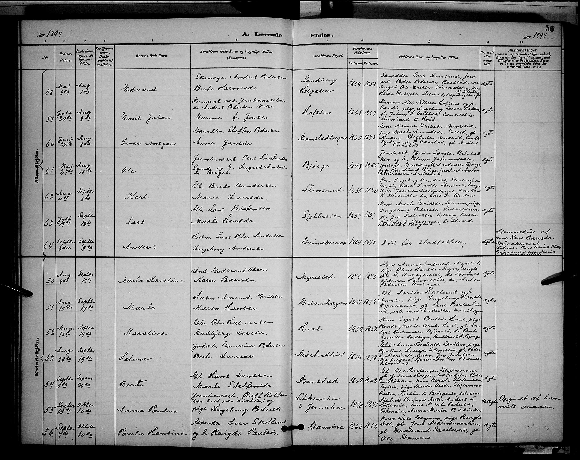 Gran prestekontor, AV/SAH-PREST-112/H/Ha/Hab/L0005: Klokkerbok nr. 5, 1892-1900, s. 56