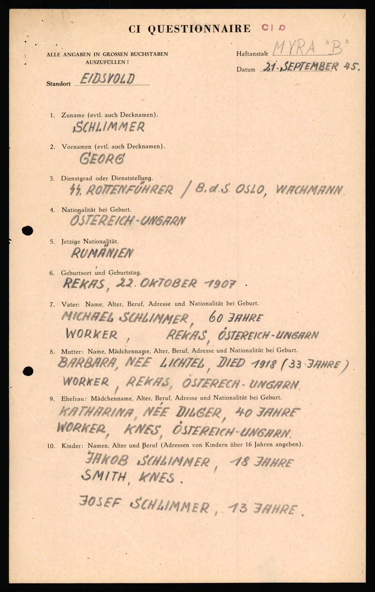 Forsvaret, Forsvarets overkommando II, AV/RA-RAFA-3915/D/Db/L0041: CI Questionaires.  Diverse nasjonaliteter., 1945-1946, s. 164