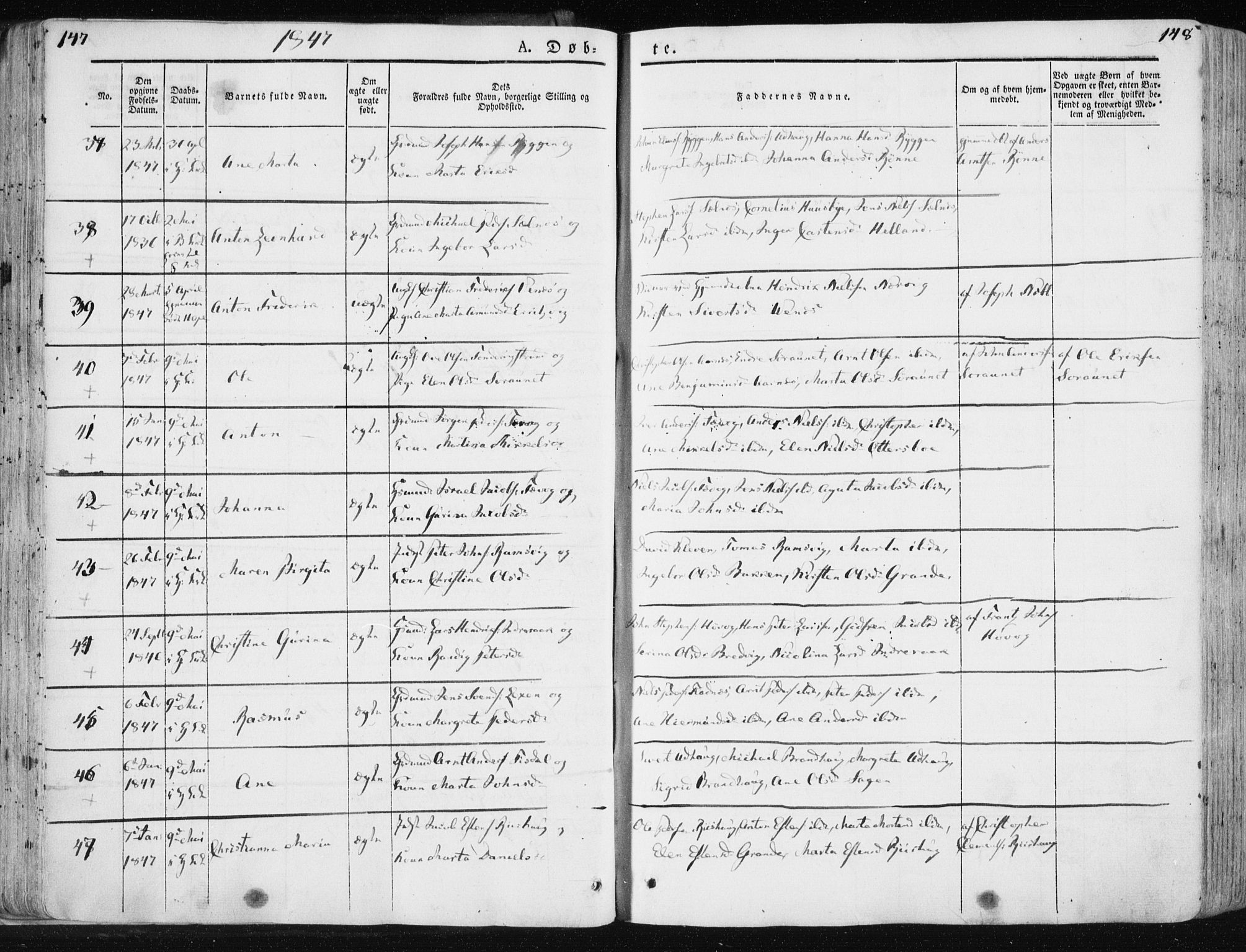 Ministerialprotokoller, klokkerbøker og fødselsregistre - Sør-Trøndelag, SAT/A-1456/659/L0736: Ministerialbok nr. 659A06, 1842-1856, s. 147-148