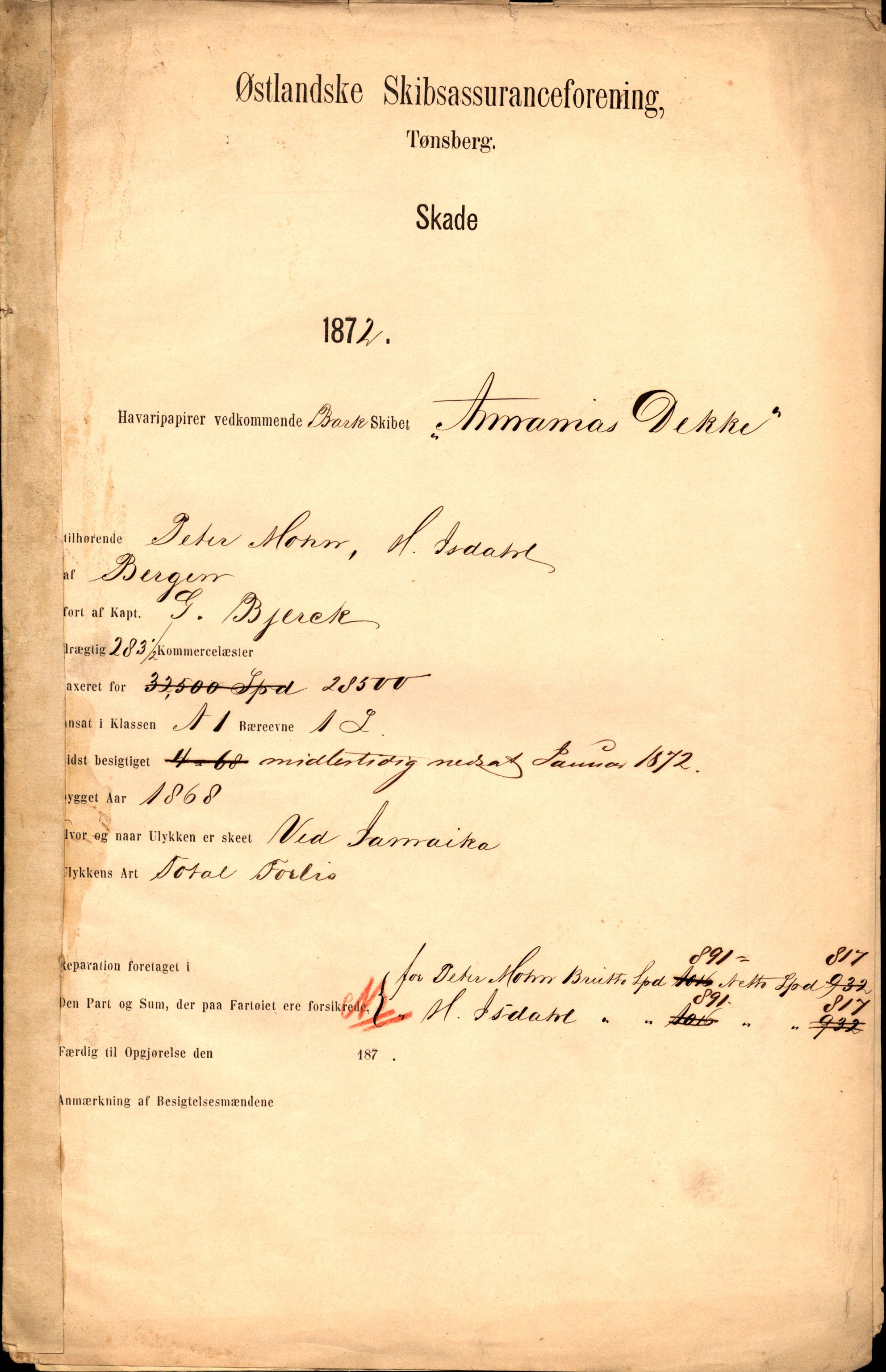Pa 63 - Østlandske skibsassuranceforening, VEMU/A-1079/G/Ga/L0003/0028: Havaridokumenter / Annanias Dekke, 1872