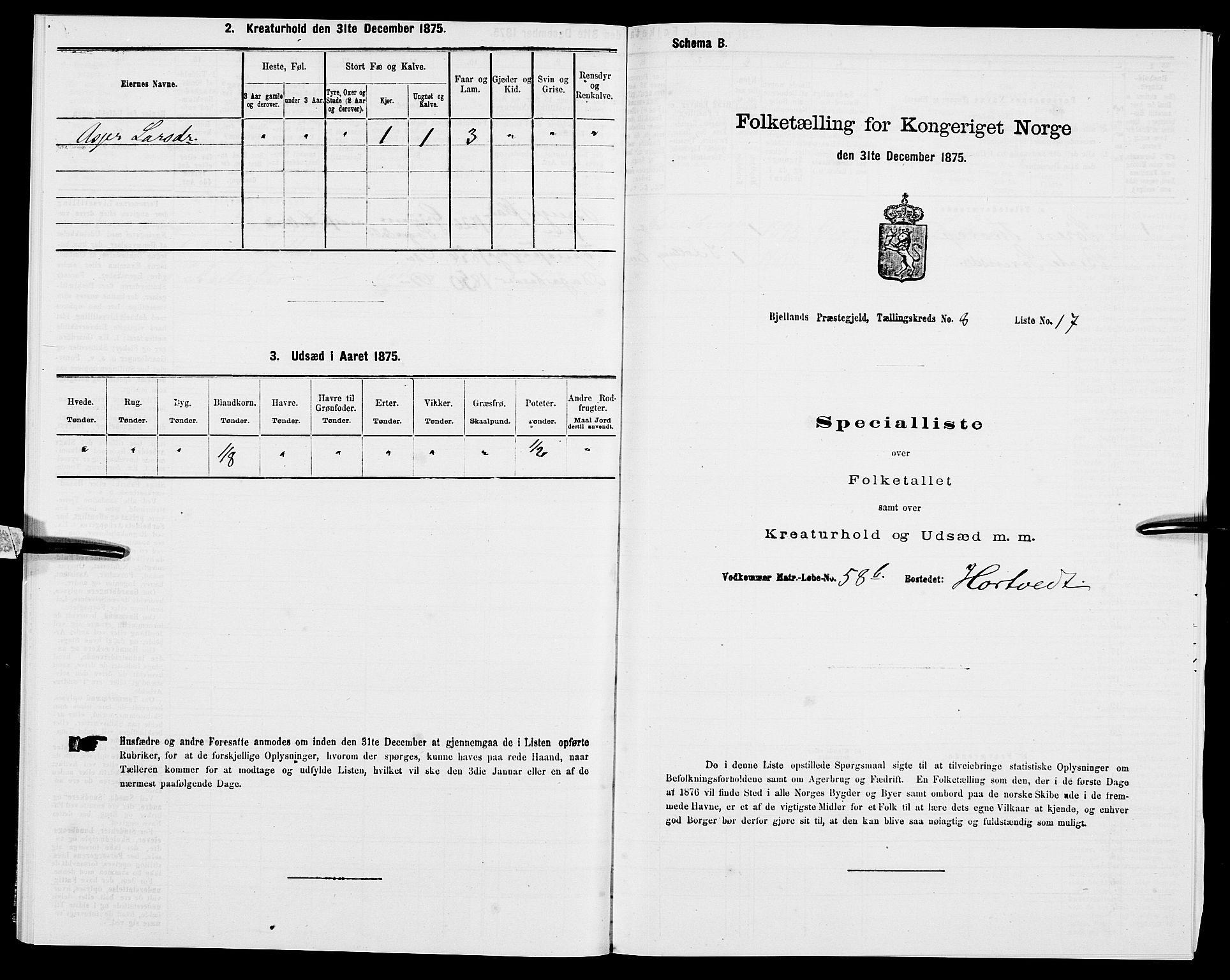 SAK, Folketelling 1875 for 1024P Bjelland prestegjeld, 1875, s. 541