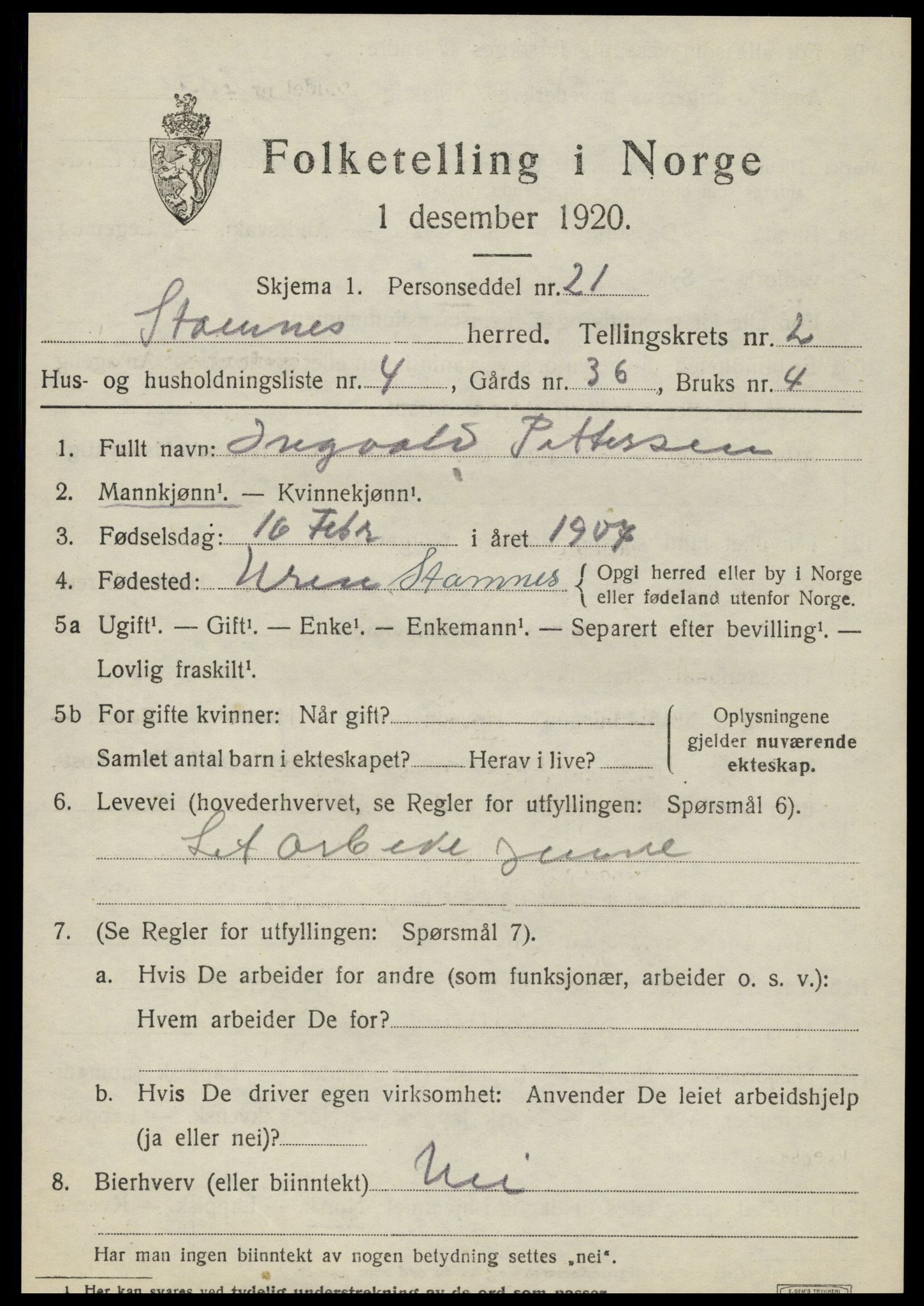 SAT, Folketelling 1920 for 1821 Stamnes herred, 1920, s. 2748