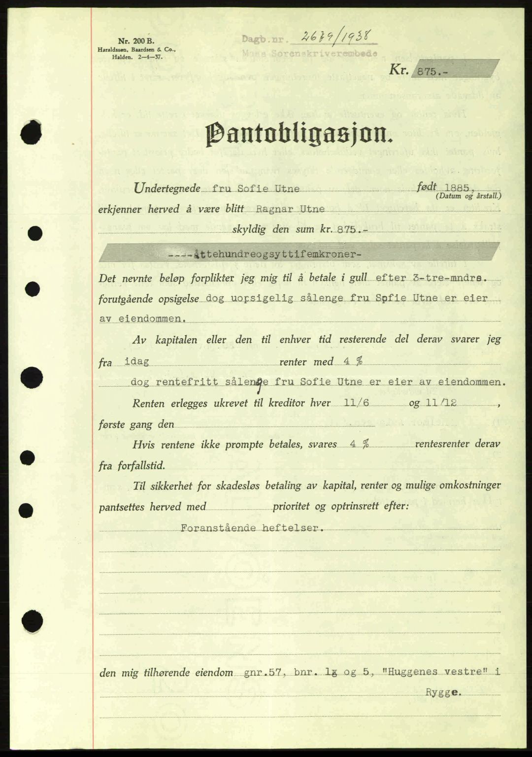 Moss sorenskriveri, SAO/A-10168: Pantebok nr. B6, 1938-1938, Dagboknr: 2679/1938