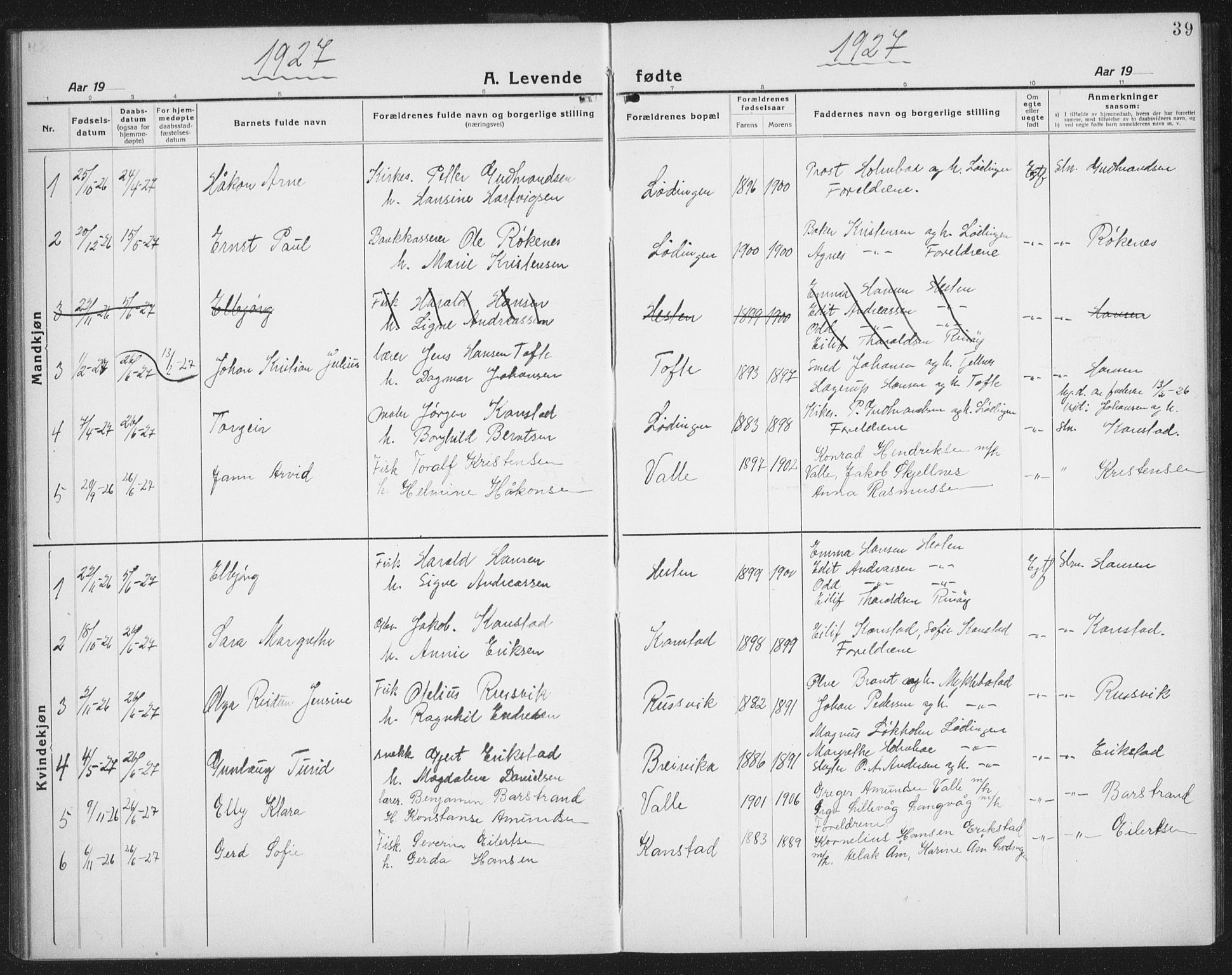 Ministerialprotokoller, klokkerbøker og fødselsregistre - Nordland, AV/SAT-A-1459/872/L1049: Klokkerbok nr. 872C05, 1920-1938, s. 39