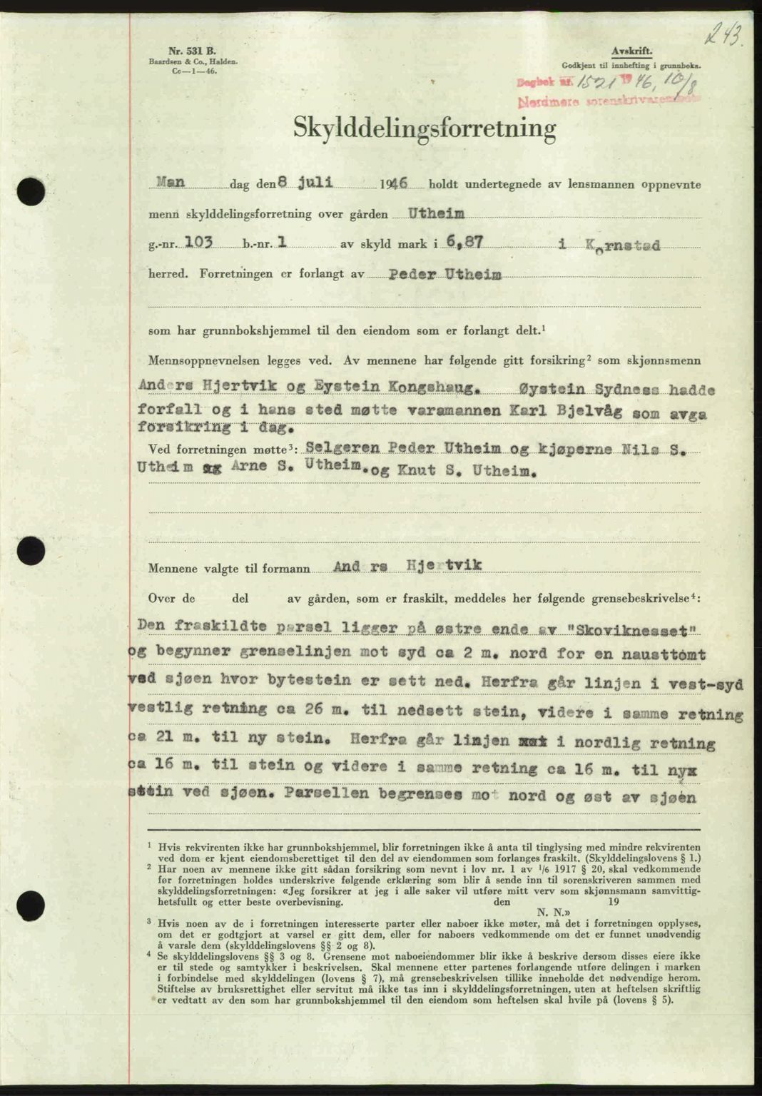 Nordmøre sorenskriveri, SAT/A-4132/1/2/2Ca: Pantebok nr. A102, 1946-1946, Dagboknr: 1521/1946