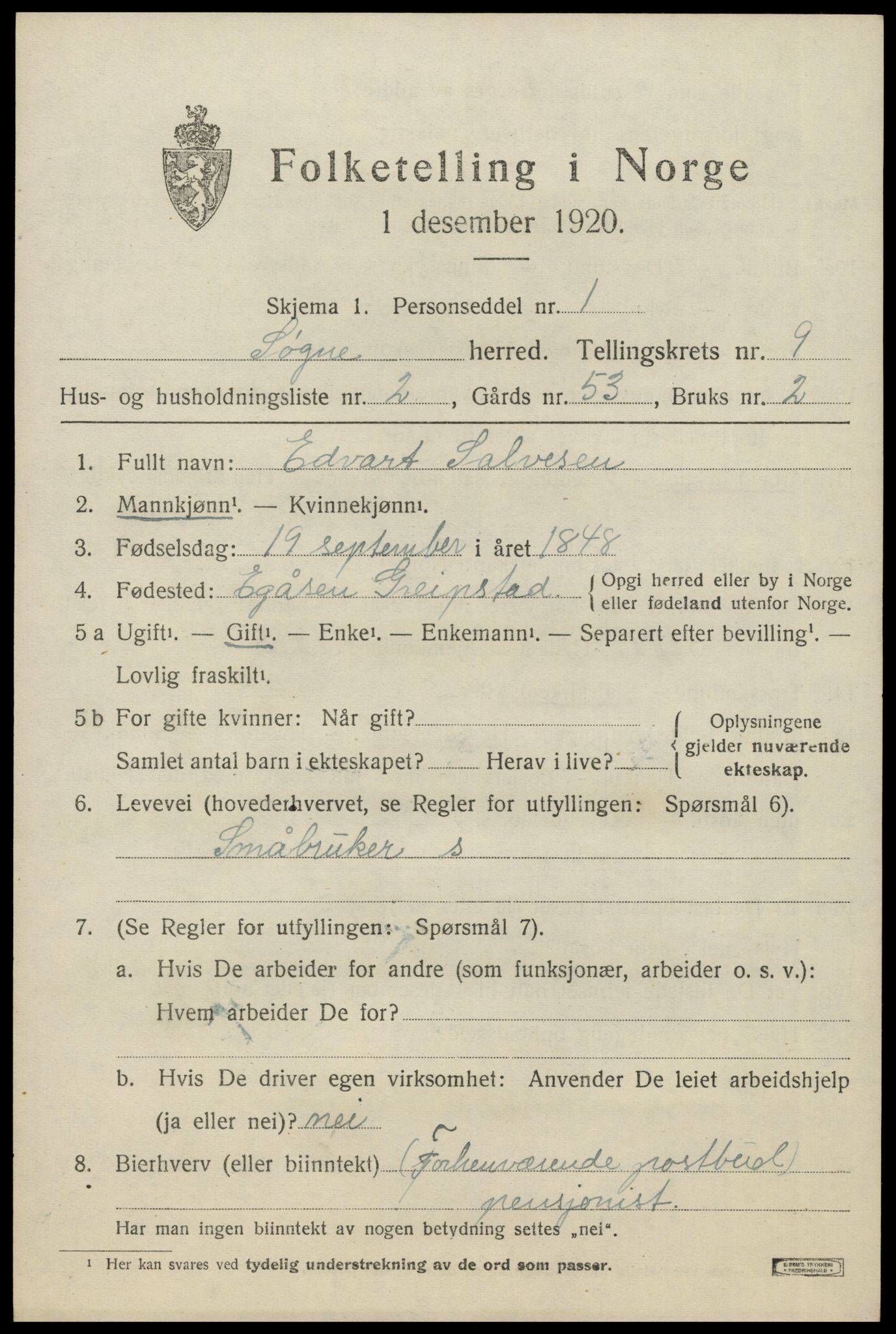 SAK, Folketelling 1920 for 1018 Søgne herred, 1920, s. 5309