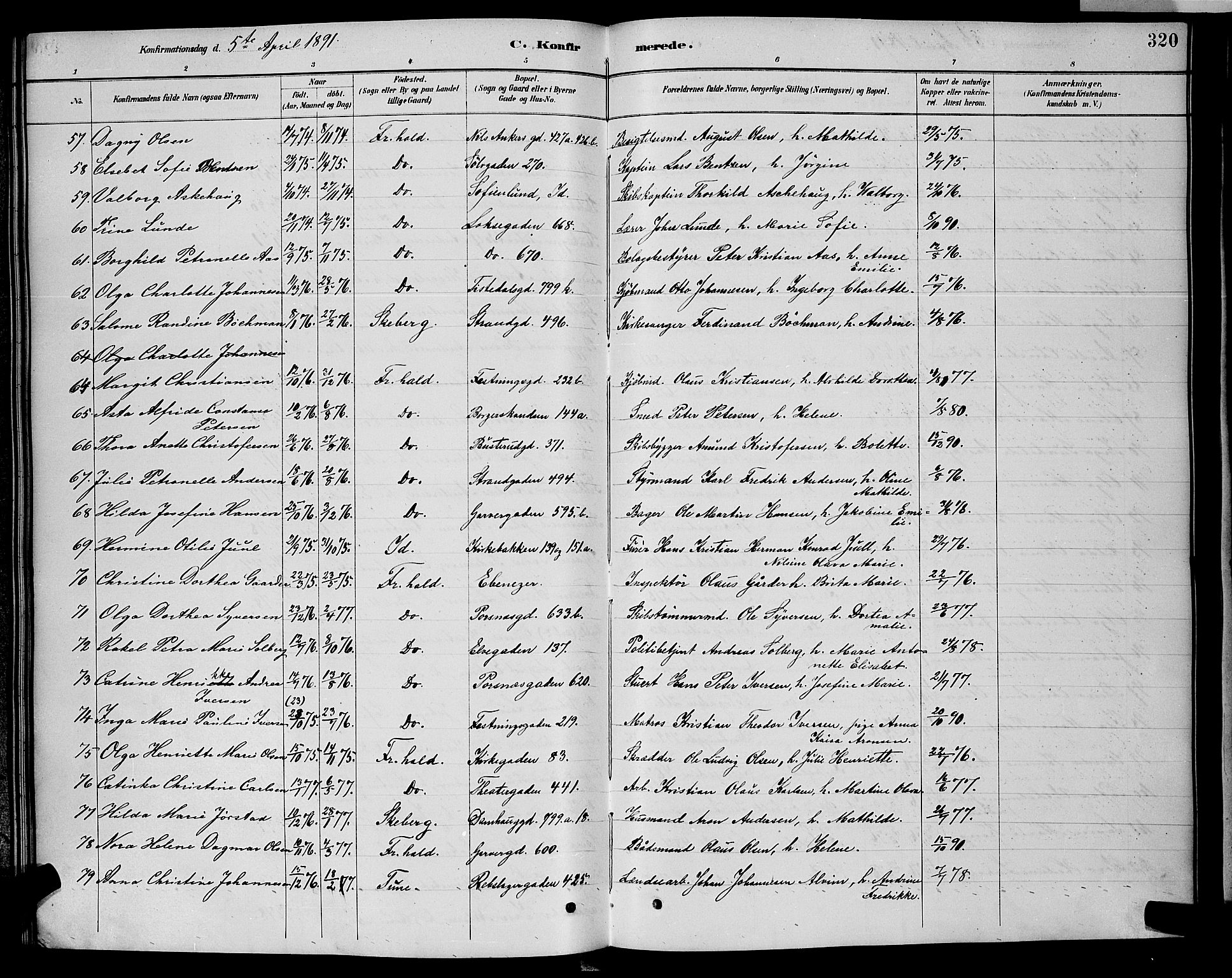 Halden prestekontor Kirkebøker, AV/SAO-A-10909/G/Ga/L0008: Klokkerbok nr. 8, 1885-1899, s. 320