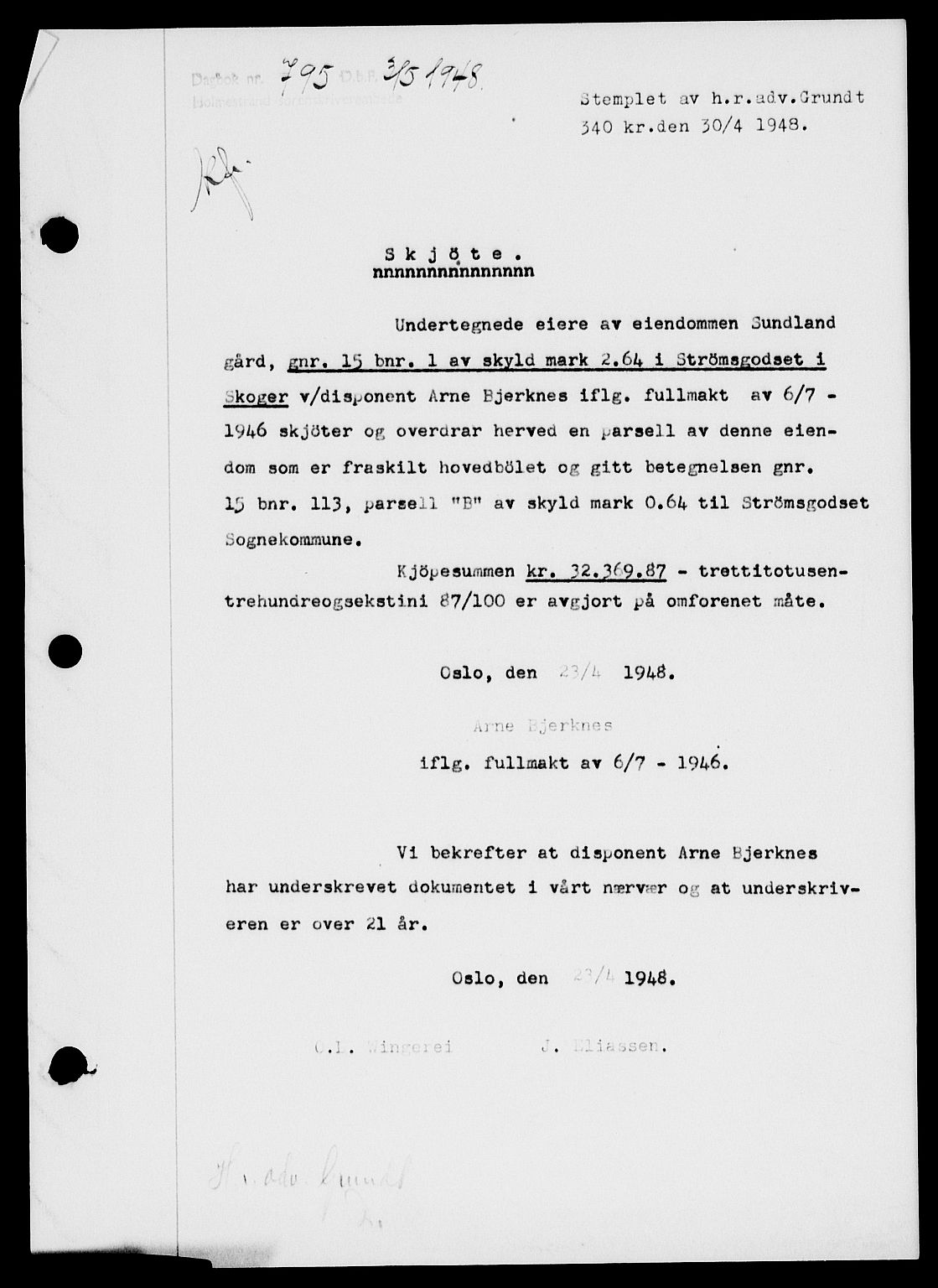 Holmestrand sorenskriveri, SAKO/A-67/G/Ga/Gaa/L0064: Pantebok nr. A-64, 1948-1948, Dagboknr: 795/1948