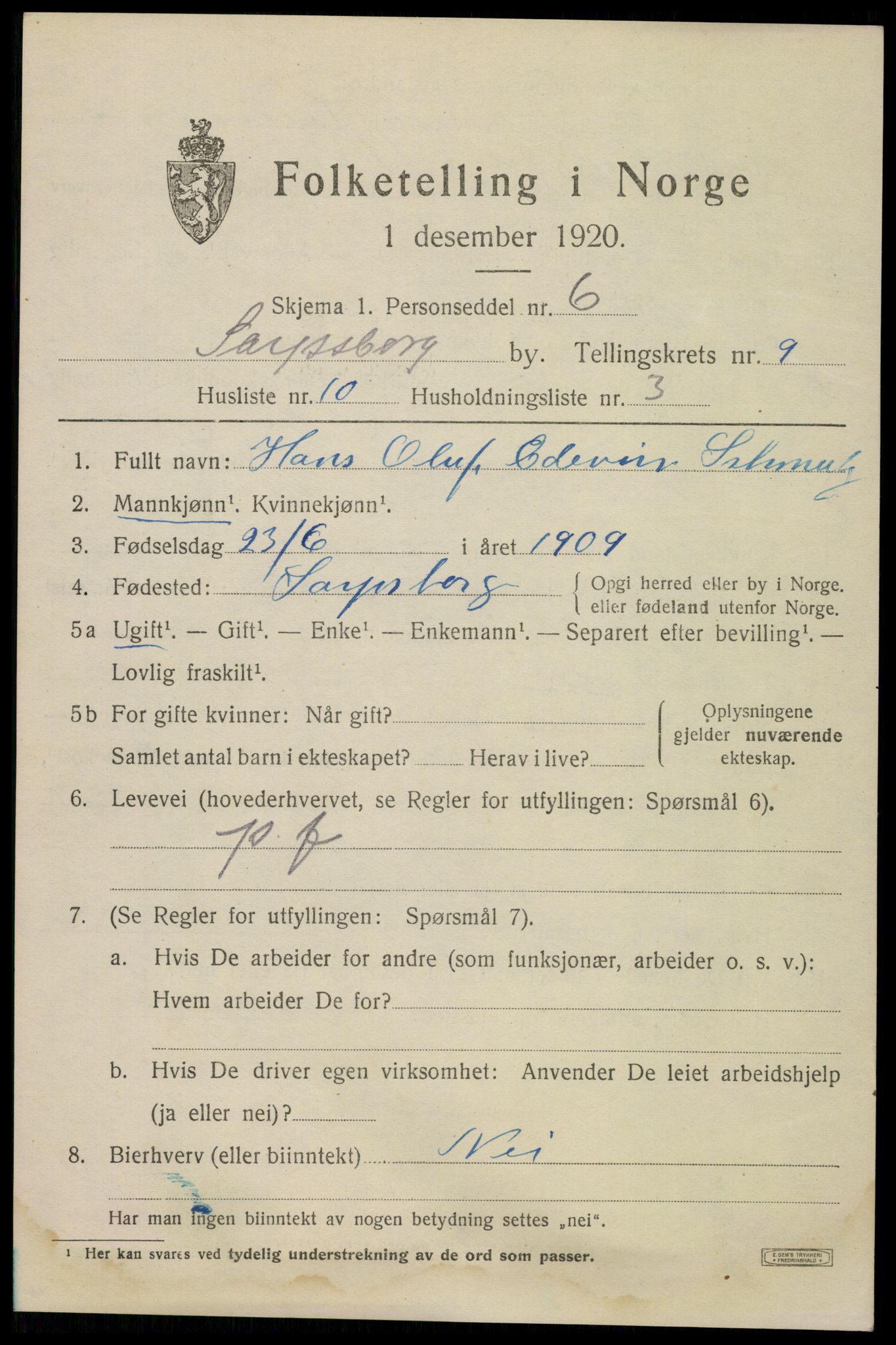 SAO, Folketelling 1920 for 0102 Sarpsborg kjøpstad, 1920, s. 19114