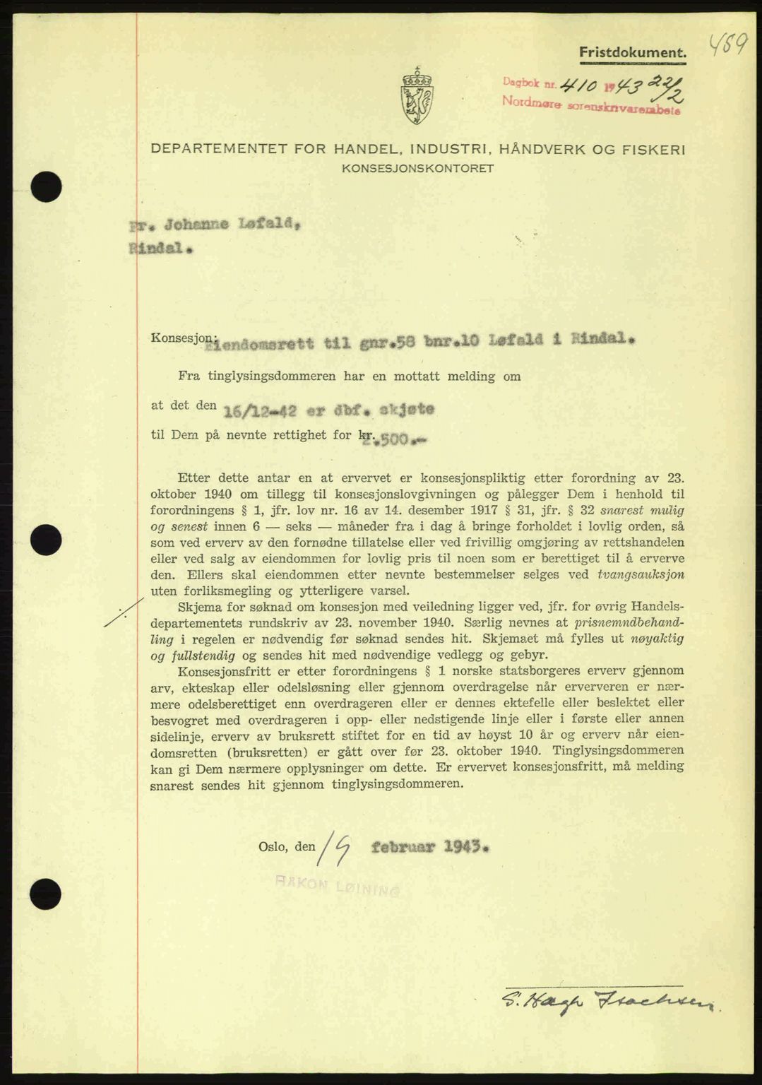 Nordmøre sorenskriveri, SAT/A-4132/1/2/2Ca: Pantebok nr. B90, 1942-1943, Dagboknr: 410/1943