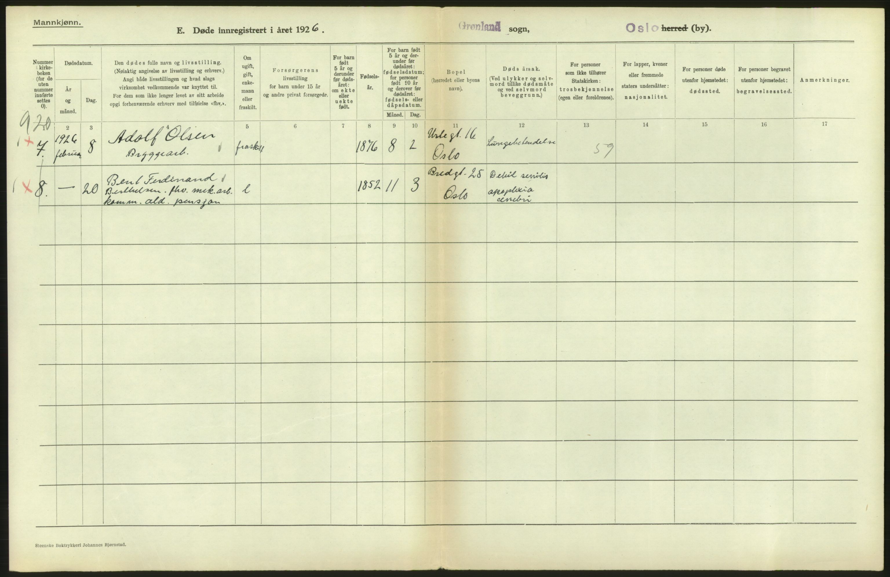 Statistisk sentralbyrå, Sosiodemografiske emner, Befolkning, AV/RA-S-2228/D/Df/Dfc/Dfcf/L0009: Oslo: Døde menn, 1926, s. 292