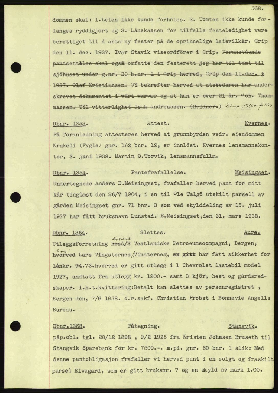 Nordmøre sorenskriveri, SAT/A-4132/1/2/2Ca: Pantebok nr. C80, 1936-1939, Dagboknr: 1353/1938