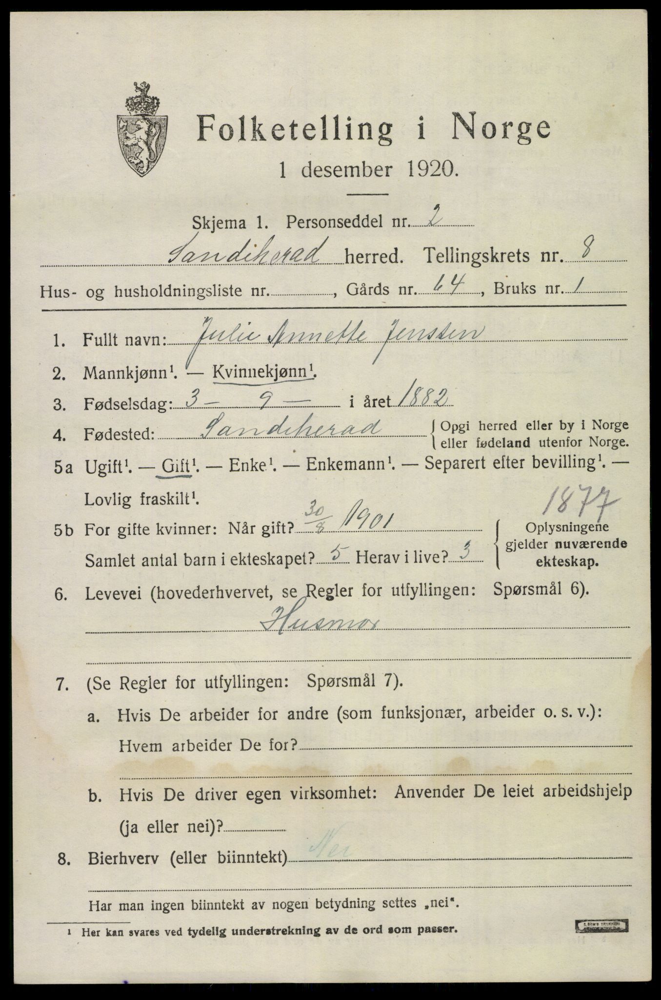 SAKO, Folketelling 1920 for 0724 Sandeherred herred, 1920, s. 12720