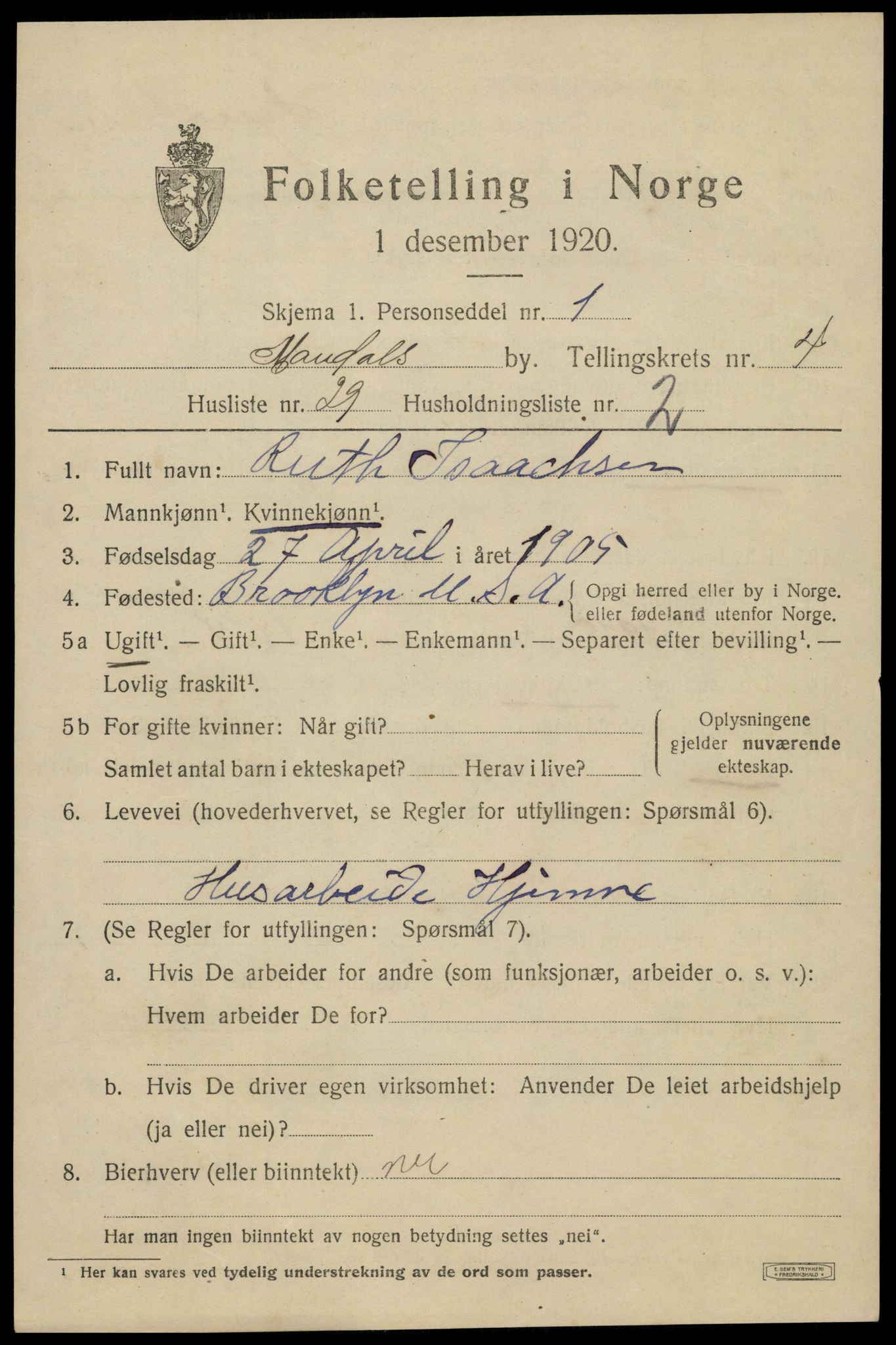 SAK, Folketelling 1920 for 1002 Mandal ladested, 1920, s. 7295