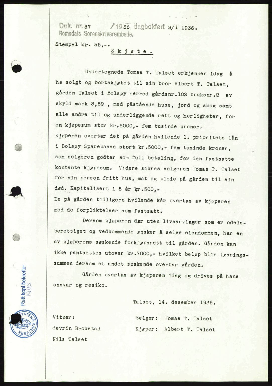 Romsdal sorenskriveri, SAT/A-4149/1/2/2C: Pantebok nr. A4, 1937-1938, Dagboknr: 597/1938