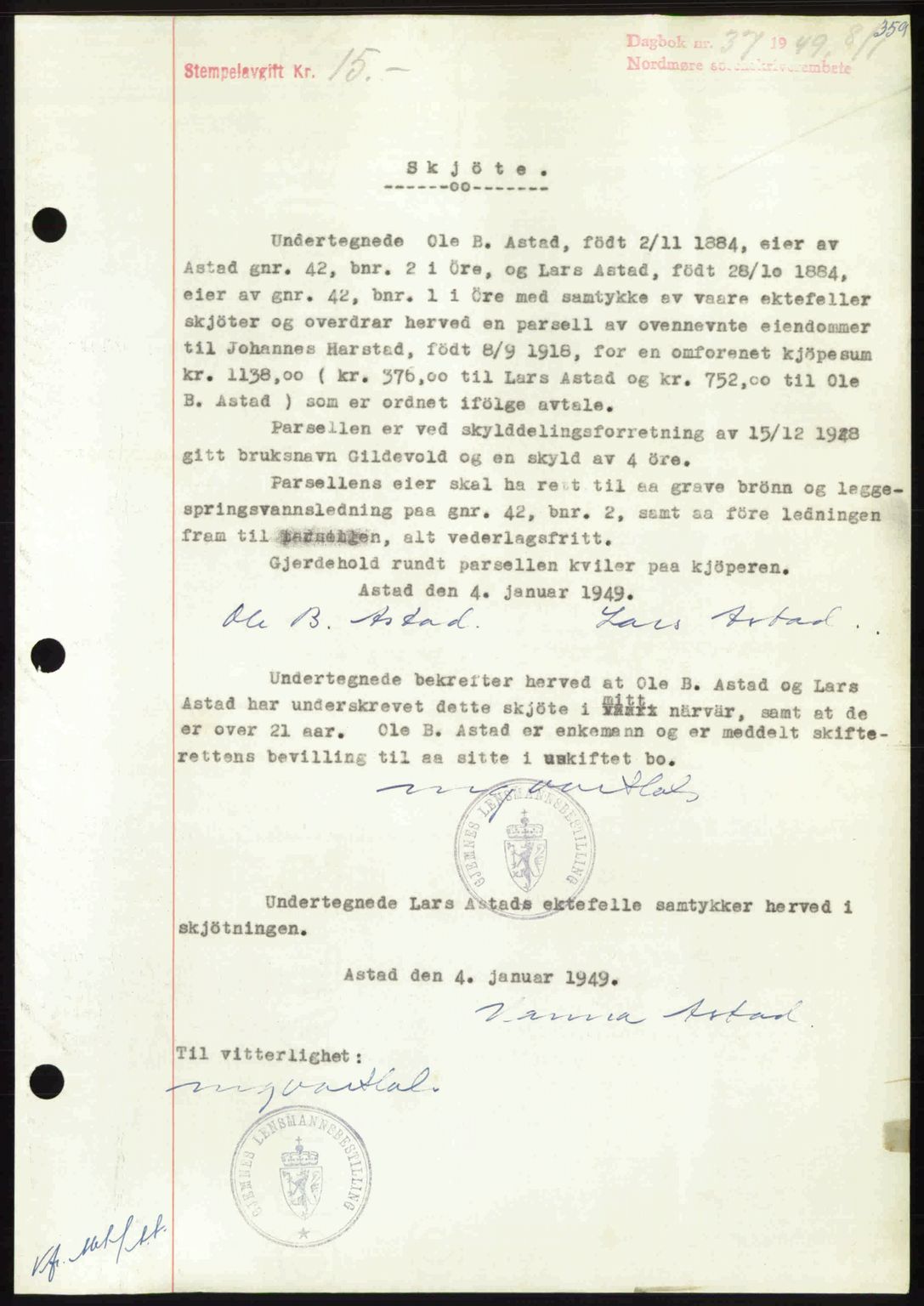 Nordmøre sorenskriveri, SAT/A-4132/1/2/2Ca: Pantebok nr. A110, 1948-1949, Dagboknr: 37/1949