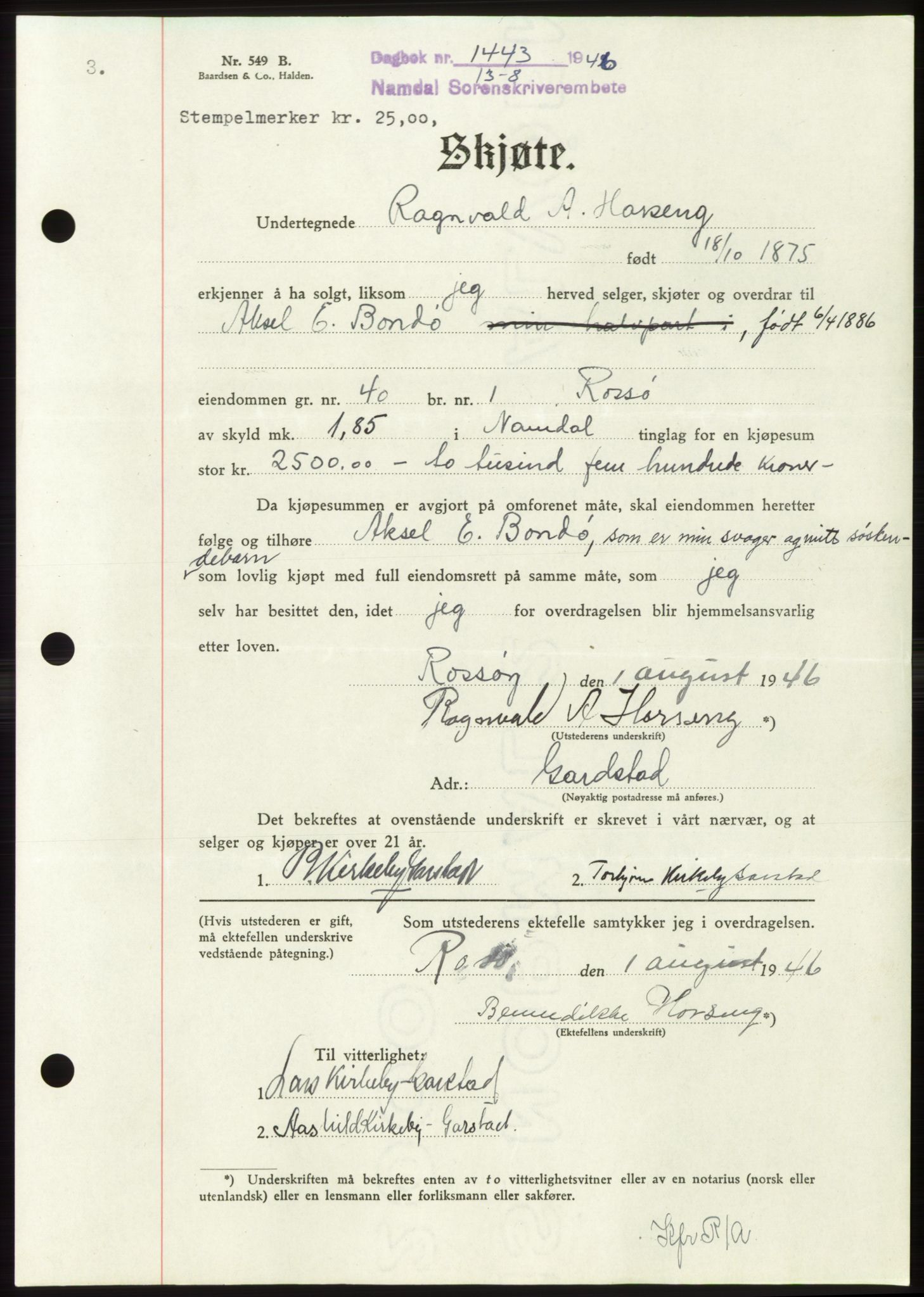 Namdal sorenskriveri, SAT/A-4133/1/2/2C: Pantebok nr. -, 1946-1946, Dagboknr: 1443/1946