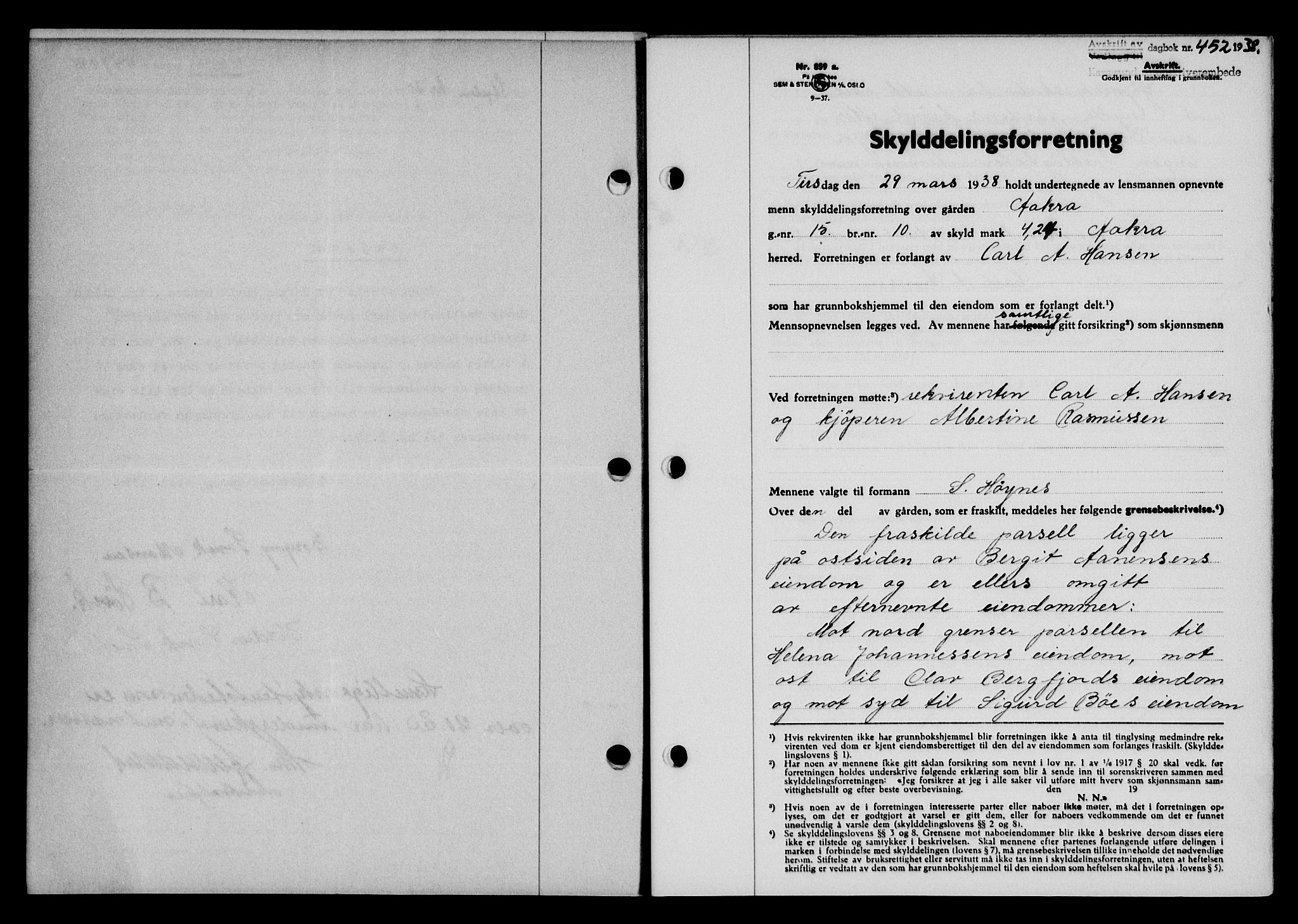 Karmsund sorenskriveri, SAST/A-100311/01/II/IIB/L0069: Pantebok nr. 50A, 1937-1938, Dagboknr: 452/1938
