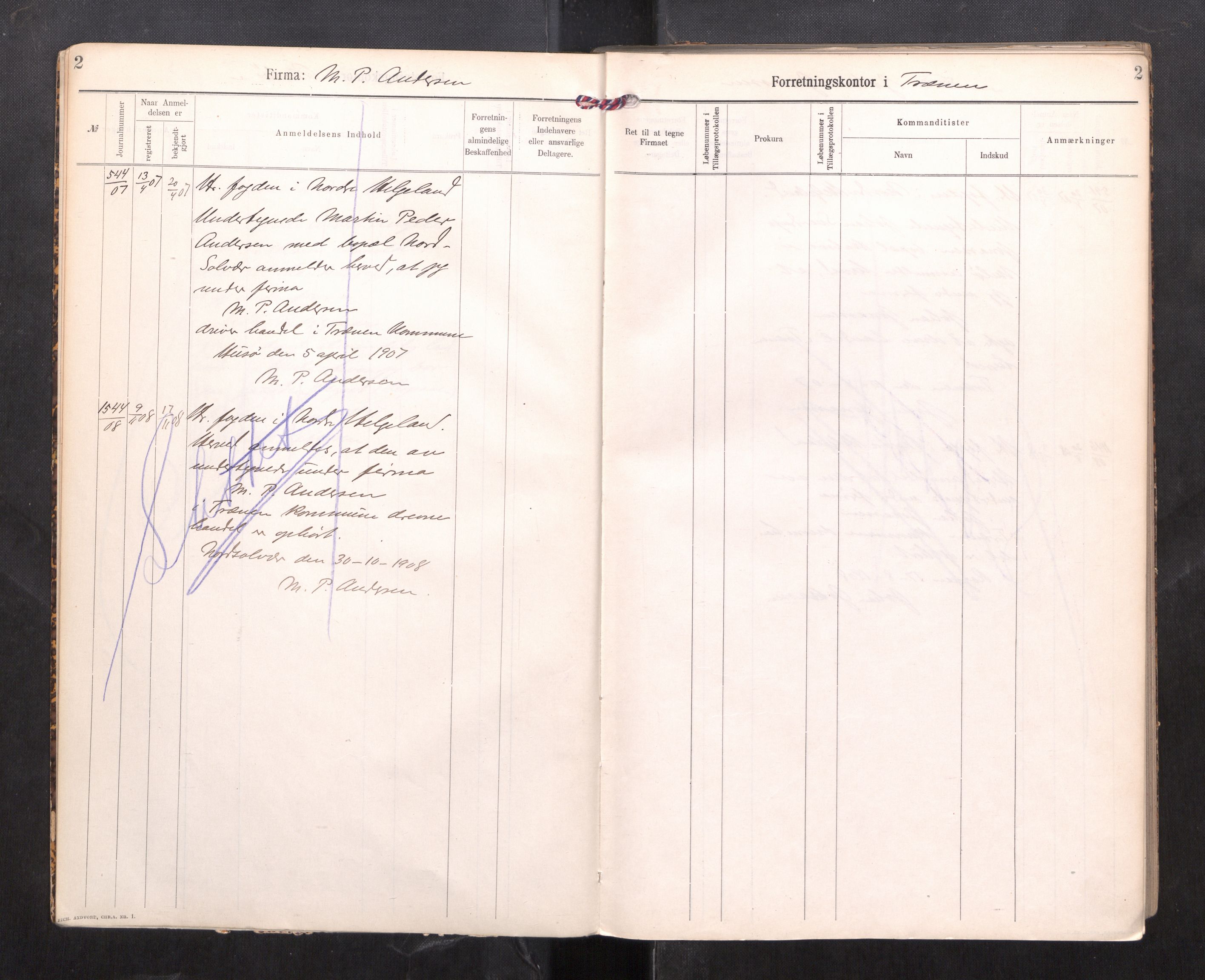 Rana sorenskriveri , AV/SAT-A-1108/2/J/Ja/Jaa/L0003: Firmaregister A, 1907-1916, s. 4