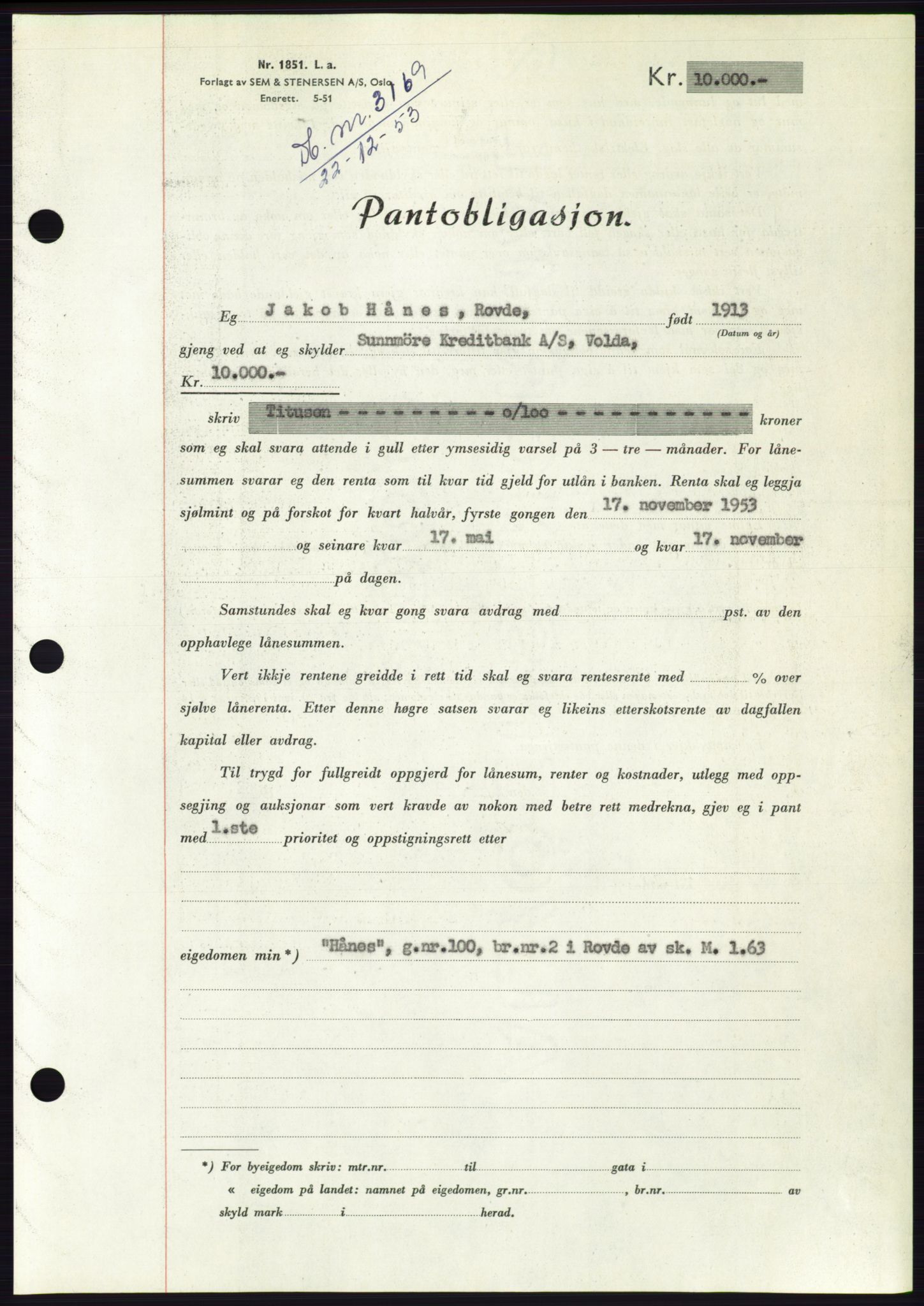 Søre Sunnmøre sorenskriveri, AV/SAT-A-4122/1/2/2C/L0124: Pantebok nr. 12B, 1953-1954, Dagboknr: 3169/1953