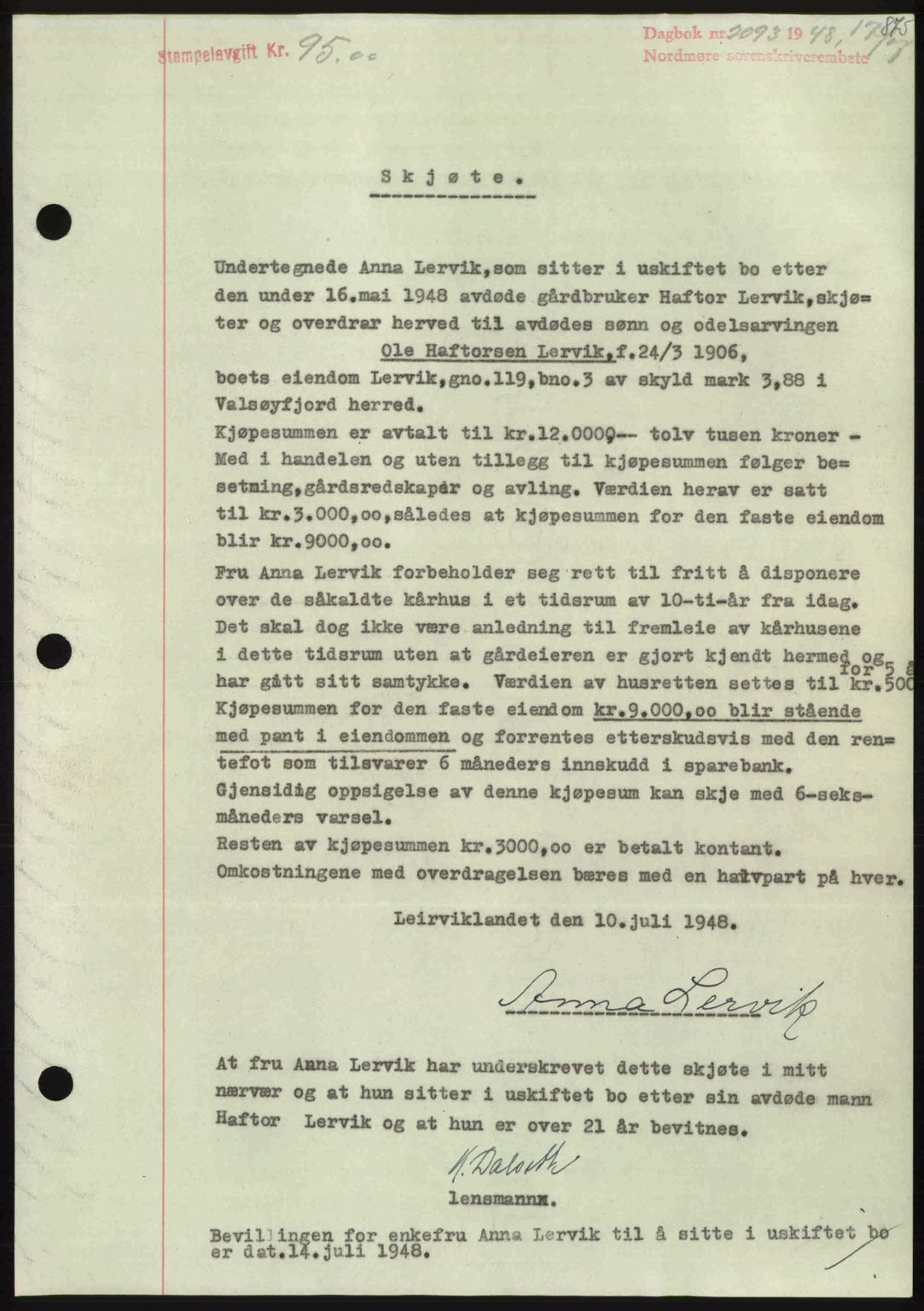 Nordmøre sorenskriveri, SAT/A-4132/1/2/2Ca: Pantebok nr. A108, 1948-1948, Dagboknr: 2093/1948