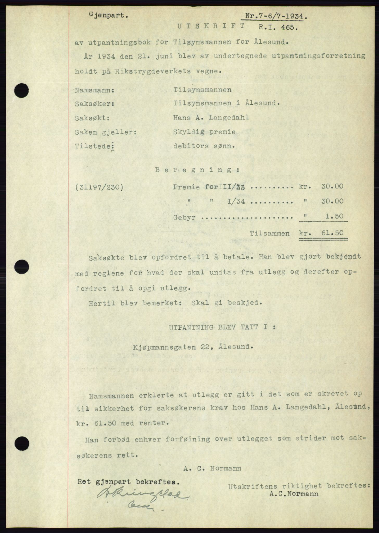 Ålesund byfogd, AV/SAT-A-4384: Pantebok nr. 31, 1933-1934, Tingl.dato: 06.07.1934