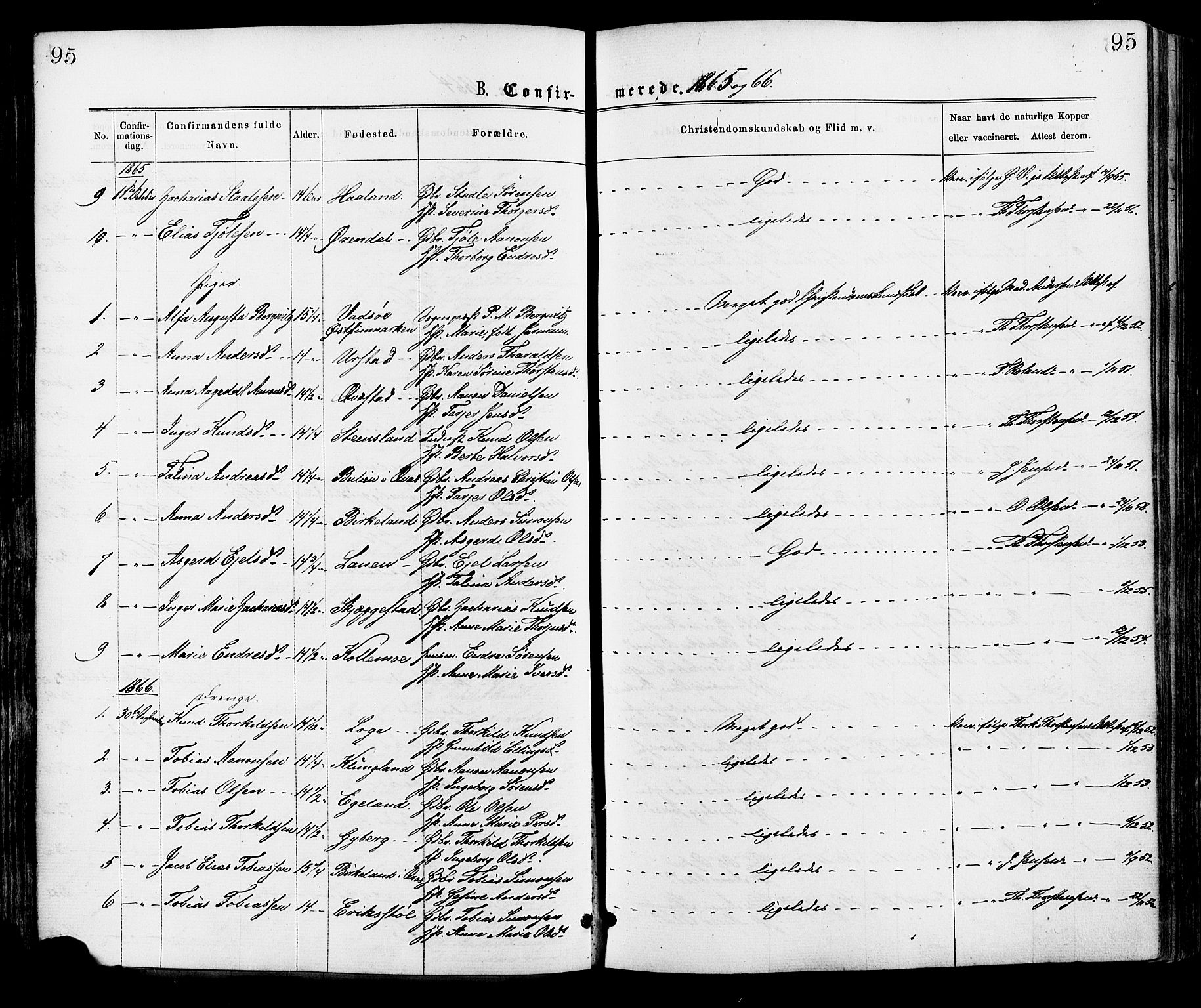 Hægebostad sokneprestkontor, SAK/1111-0024/F/Fa/Faa/L0005: Ministerialbok nr. A 5, 1864-1886, s. 95