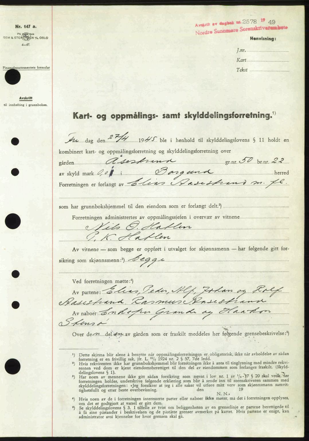 Nordre Sunnmøre sorenskriveri, SAT/A-0006/1/2/2C/2Ca: Pantebok nr. A32, 1949-1949, Dagboknr: 2578/1949