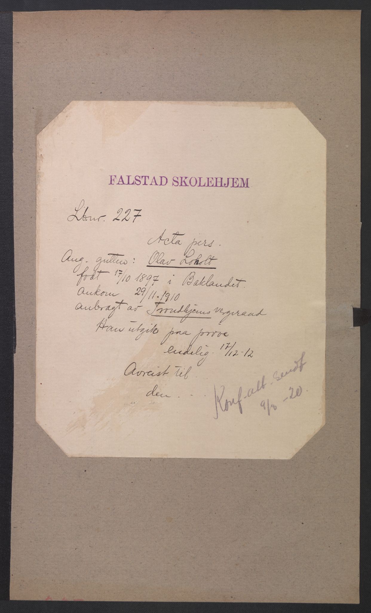Falstad skolehjem, RA/S-1676/E/Eb/L0010: Elevmapper løpenr. 210-239, 1910-1917, s. 272