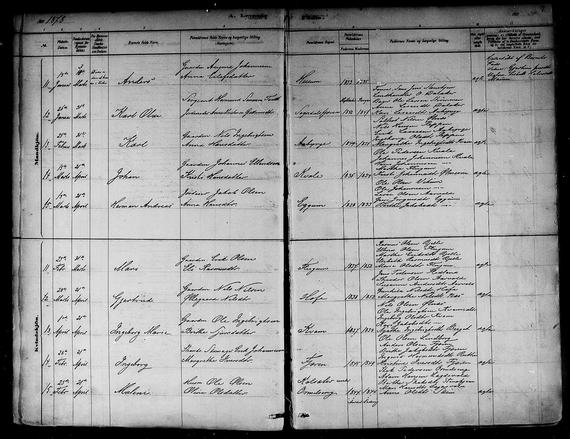 Sogndal sokneprestembete, AV/SAB-A-81301/H/Haa/Haab/L0001: Ministerialbok nr. B 1, 1878-1899, s. 7
