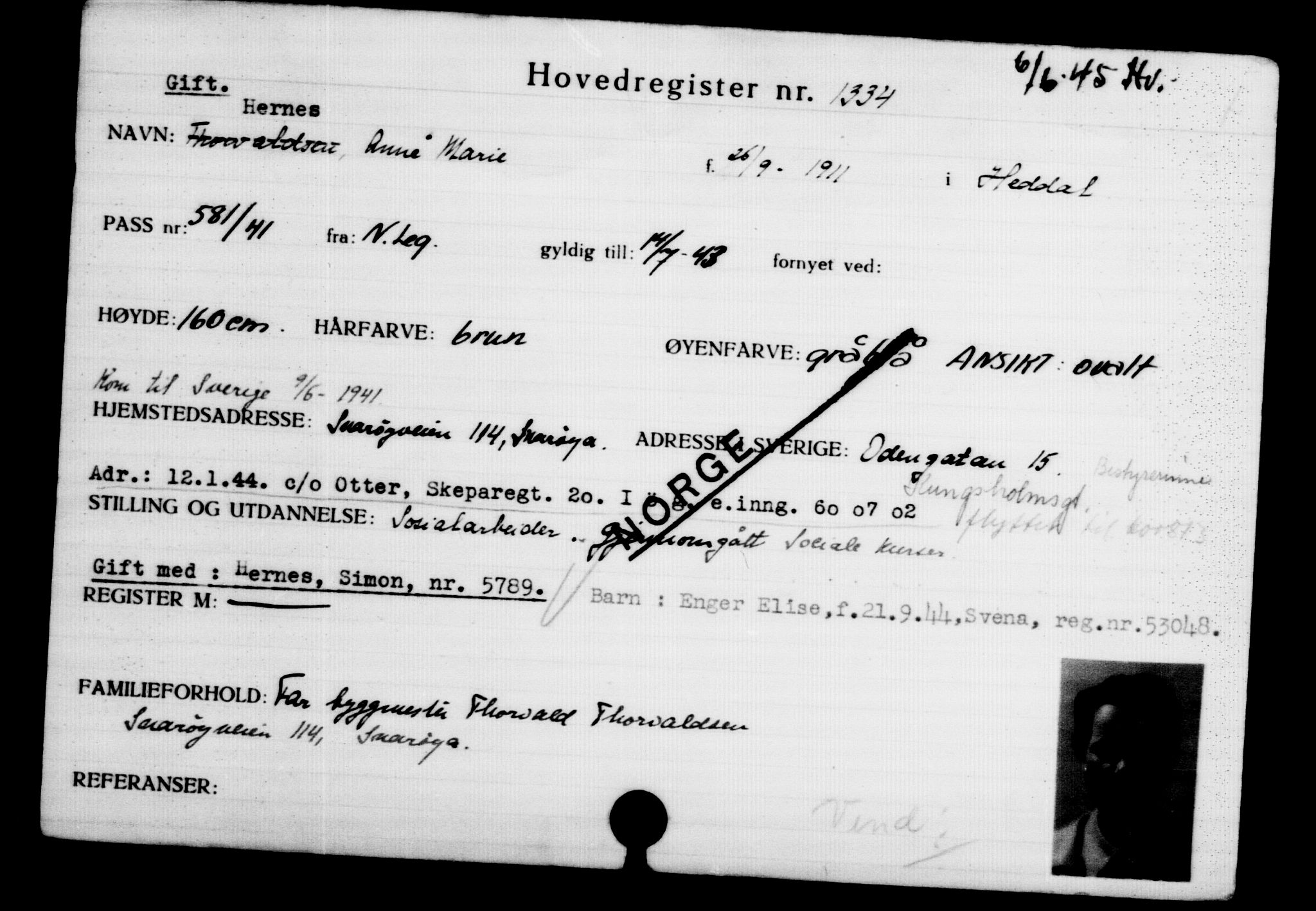 Utenriksstasjonene, Legasjonen i Stockholm, Flyktningkontoret, AV/RA-S-6753/V/Va/L0002: Kjesäterkartoteket, flyktninger med registreringsnr. 1001-2000, 1940-1945, s. 489