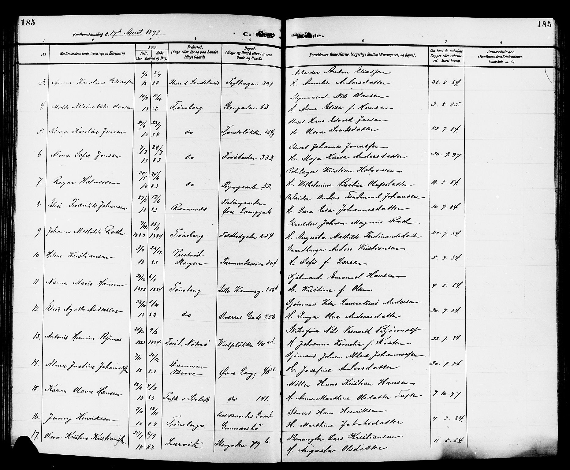 Tønsberg kirkebøker, AV/SAKO-A-330/G/Ga/L0007: Klokkerbok nr. 7, 1896-1904, s. 185