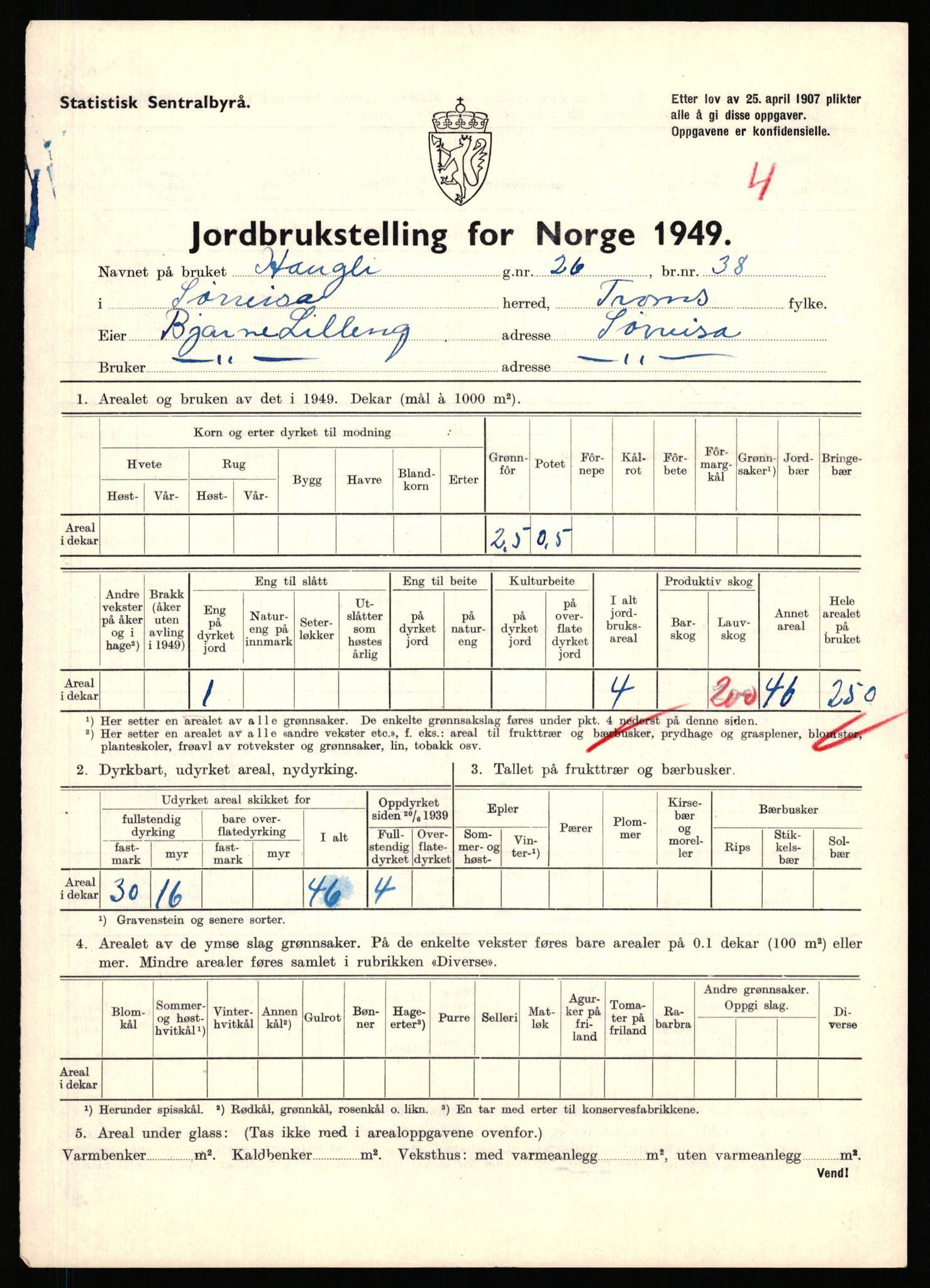 Statistisk sentralbyrå, Næringsøkonomiske emner, Jordbruk, skogbruk, jakt, fiske og fangst, AV/RA-S-2234/G/Gc/L0440: Troms: Sørreisa og Dyrøy, 1949, s. 37