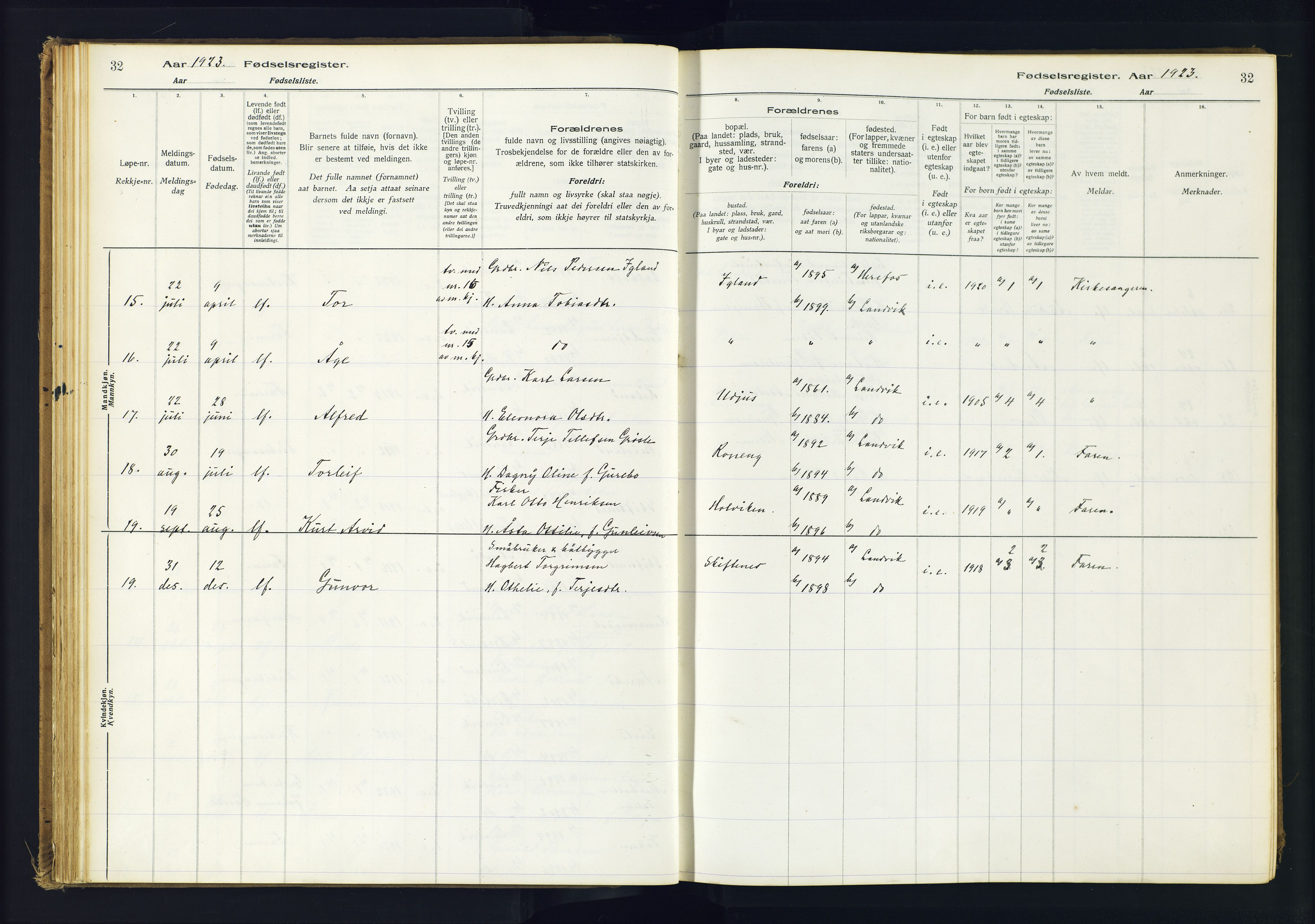 Hommedal sokneprestkontor, AV/SAK-1111-0023/J/Jd/L0001: Fødselsregister nr. 1, 1916-1962, s. 32