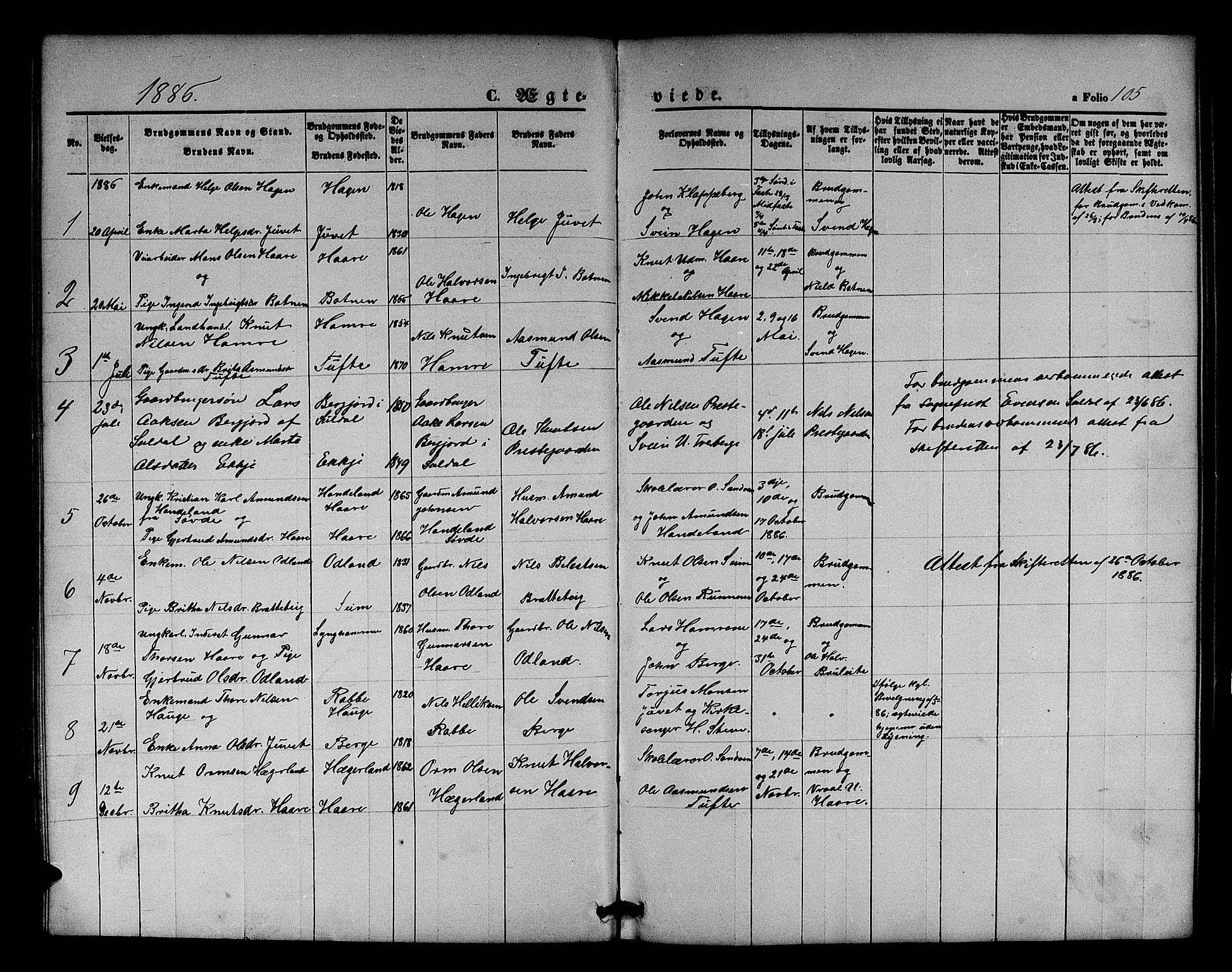 Røldal sokneprestembete, AV/SAB-A-100247: Klokkerbok nr. A 2, 1861-1886, s. 105