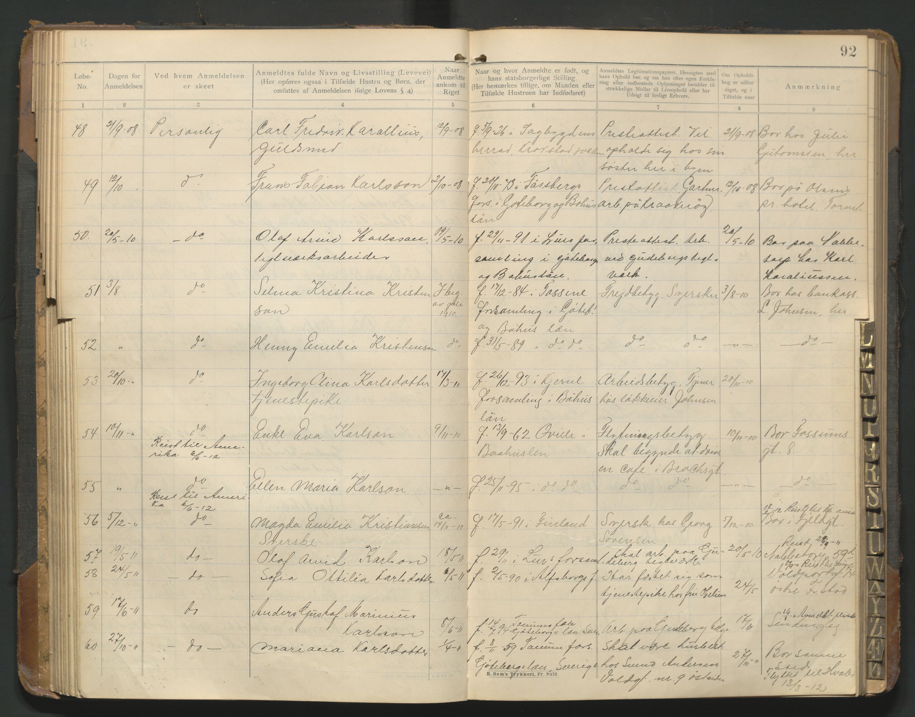 Fredrikstad politikammer, AV/SAO-A-10055/H/Hb/Hba/L0001: Protokoll over fremmede statsborgere, 1901-1916, s. 91b-92a