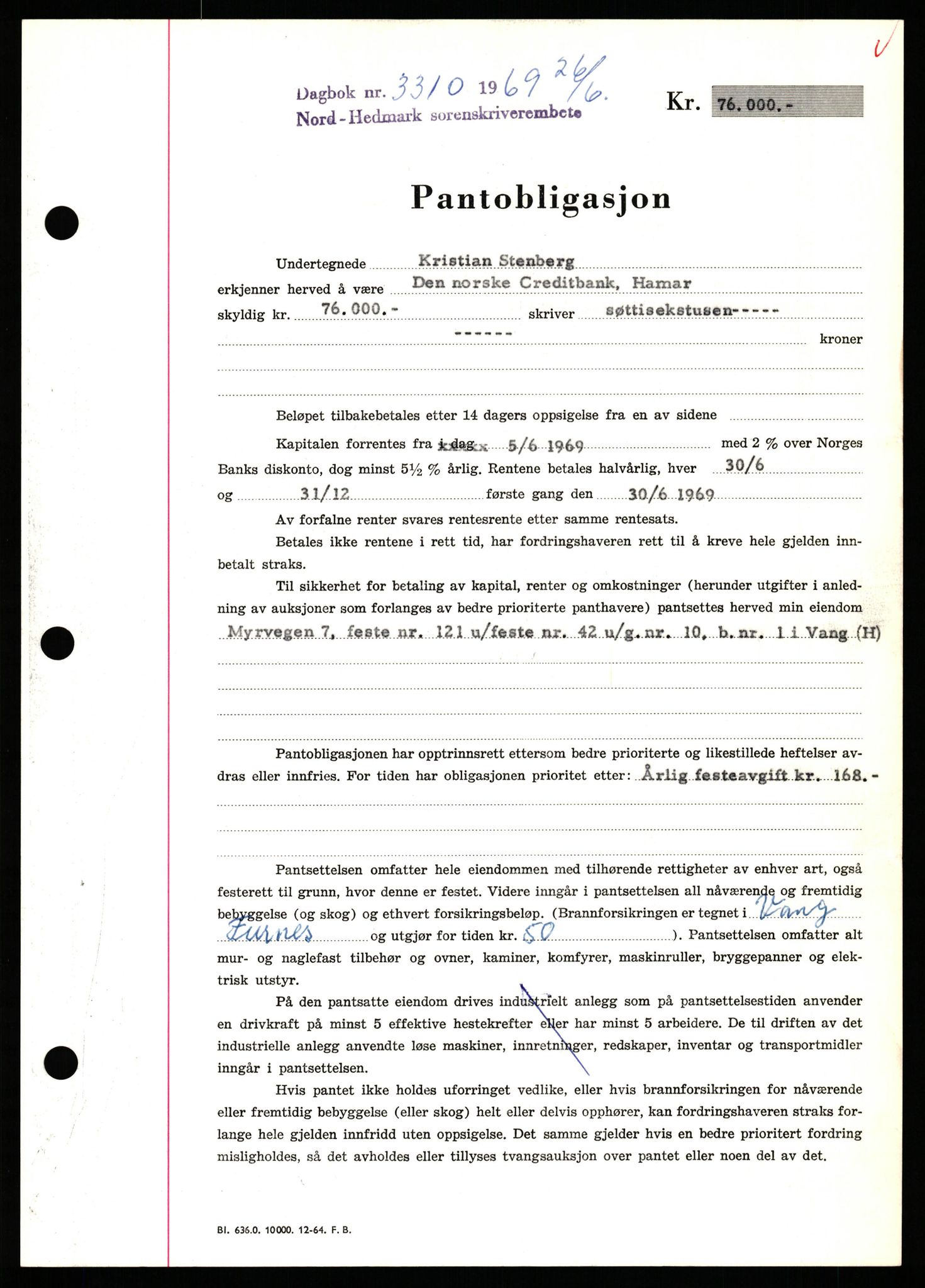 Nord-Hedmark sorenskriveri, SAH/TING-012/H/Hb/Hbf/L0080: Pantebok nr. B80, 1969-1969, Dagboknr: 3310/1969