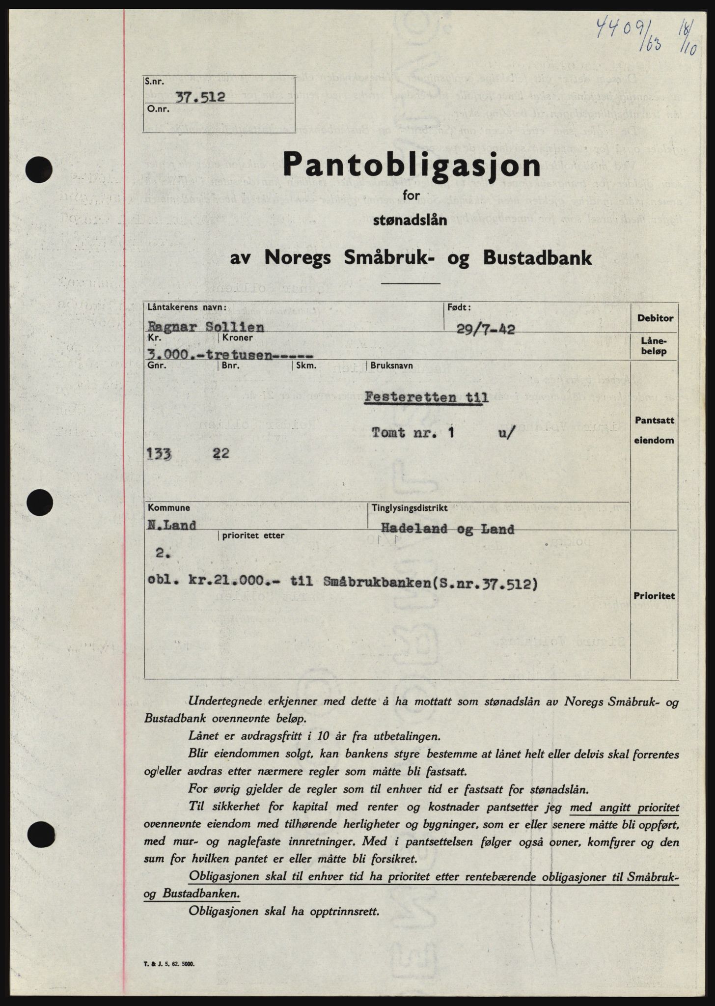 Hadeland og Land tingrett, SAH/TING-010/H/Hb/Hbc/L0053: Pantebok nr. B53, 1963-1964, Dagboknr: 4409/1963