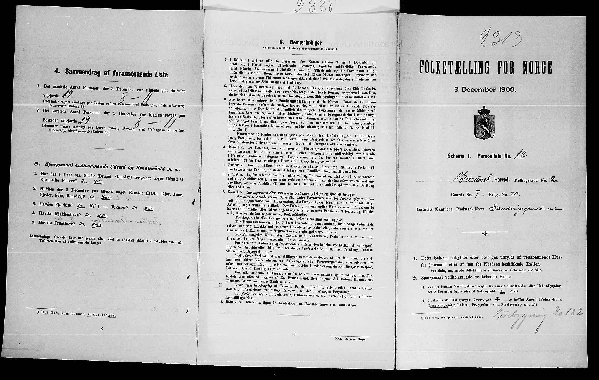 SAO, Folketelling 1900 for 0219 Bærum herred, 1900