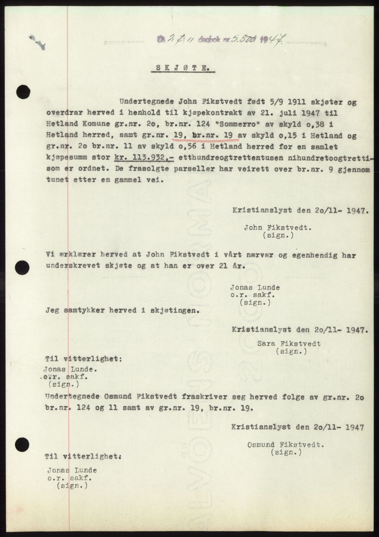 Jæren sorenskriveri, SAST/A-100310/03/G/Gba/L0096: Pantebok, 1947-1947, Dagboknr: 5500/1947