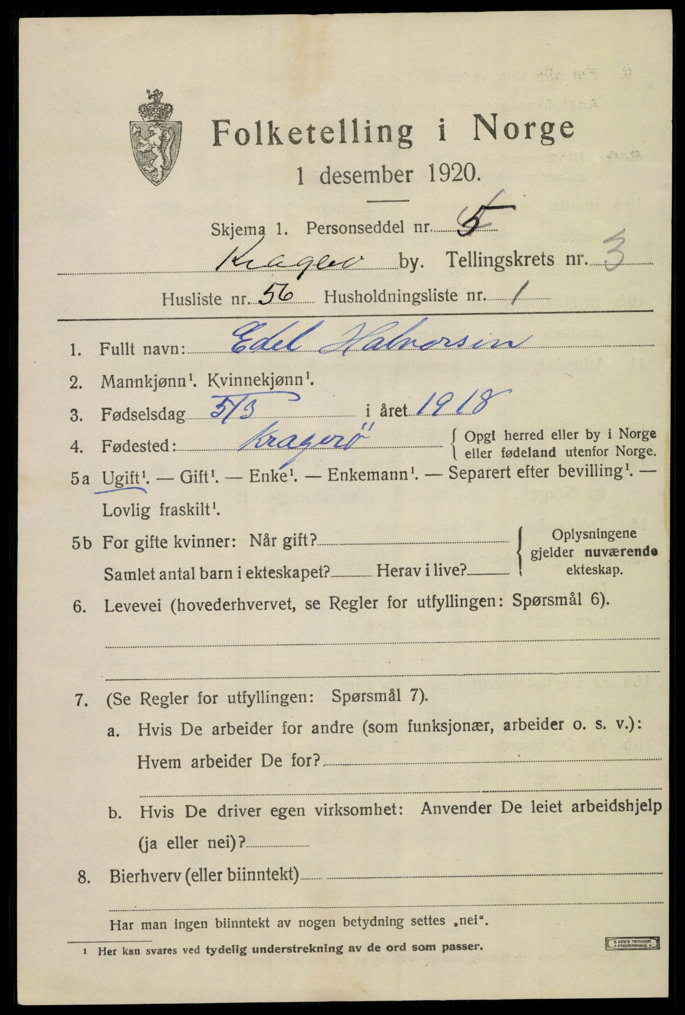 SAKO, Folketelling 1920 for 0801 Kragerø kjøpstad, 1920, s. 7695