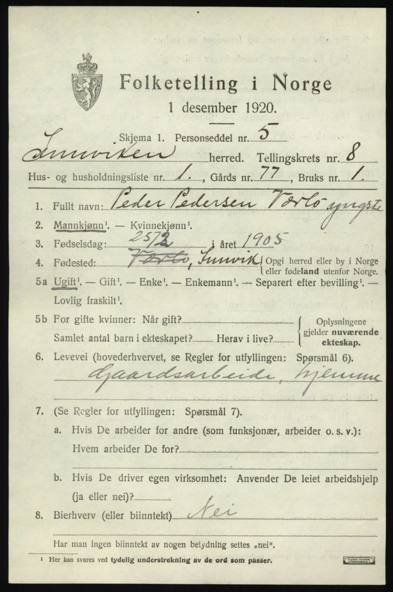 SAB, Folketelling 1920 for 1447 Innvik herred, 1920, s. 3439