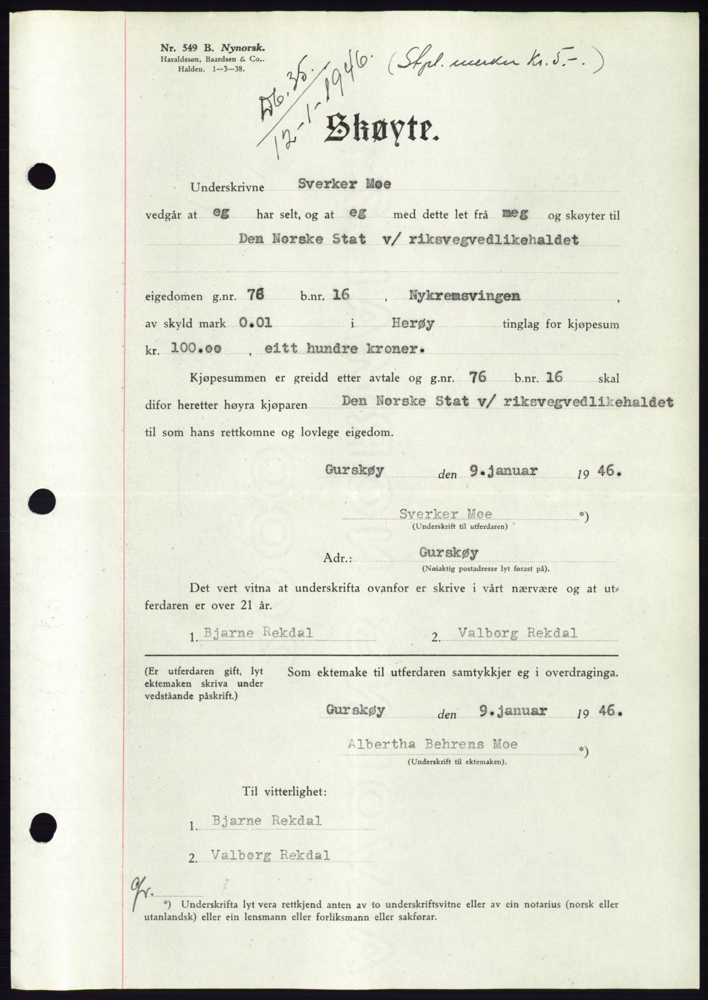 Søre Sunnmøre sorenskriveri, SAT/A-4122/1/2/2C/L0077: Pantebok nr. 3A, 1945-1946, Dagboknr: 35/1946