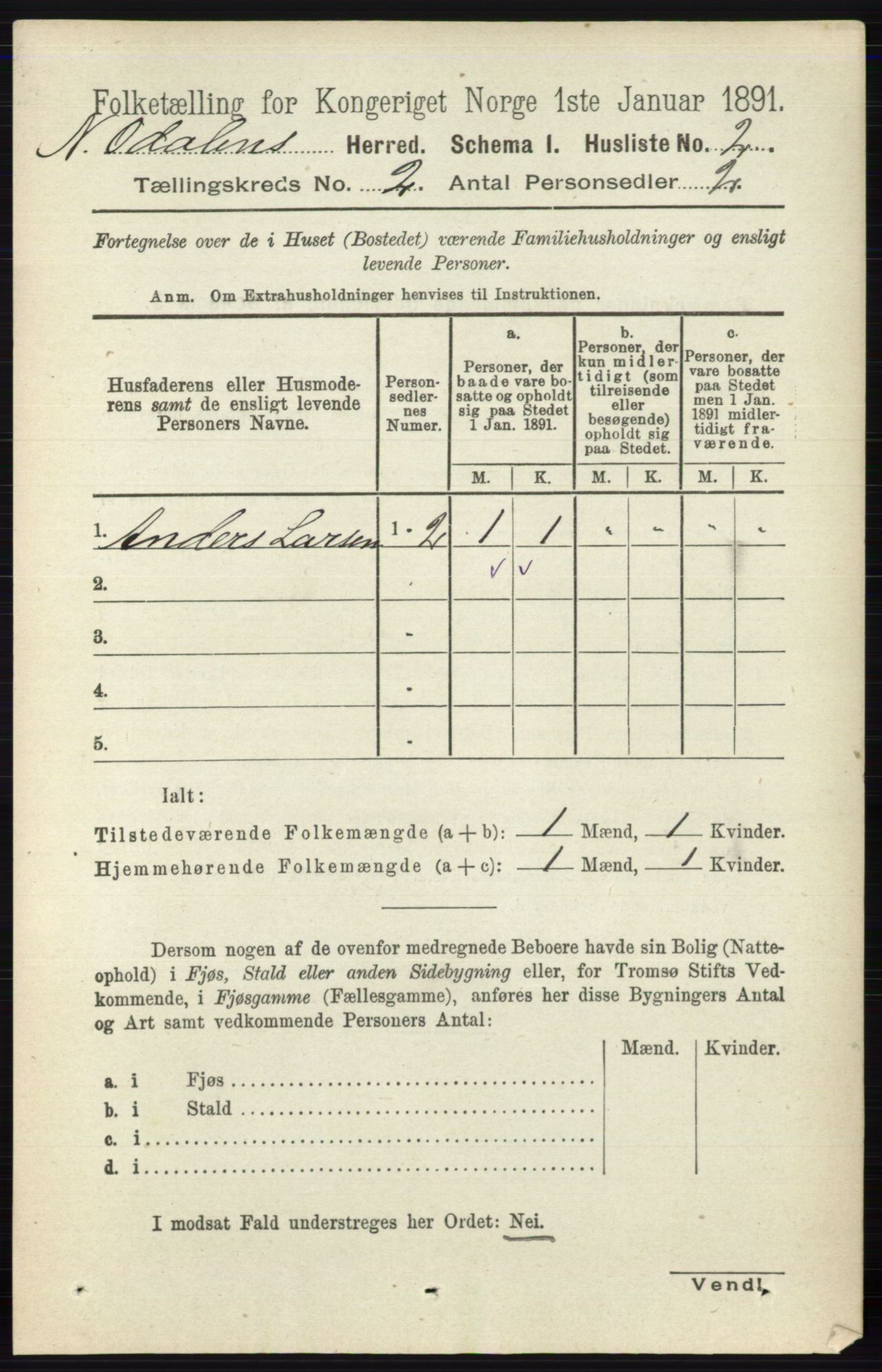 RA, Folketelling 1891 for 0418 Nord-Odal herred, 1891, s. 380